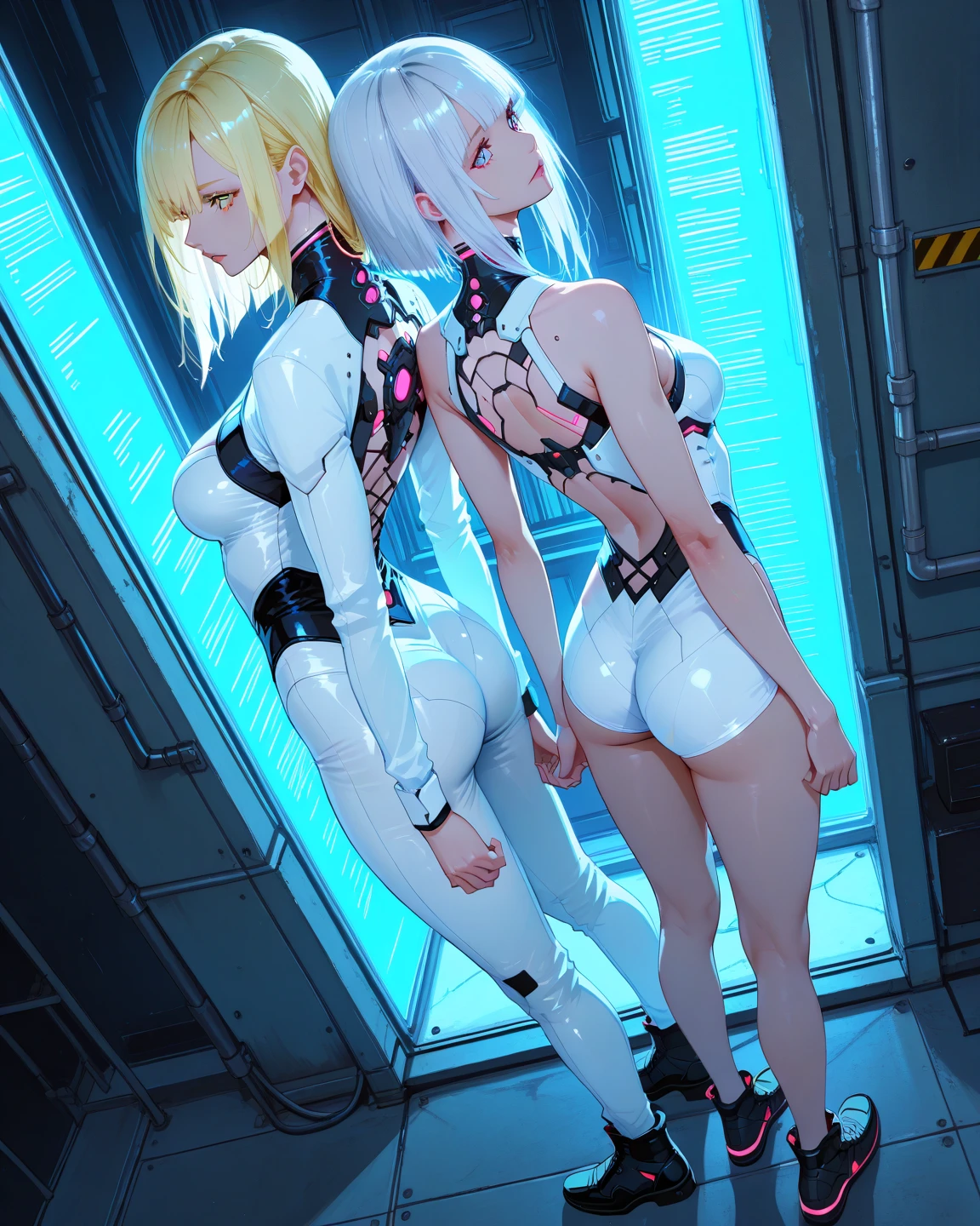 (quality)), ((masterpiece)), Recommended resultsluffly、(see through:1.5)、full body lesbian、Squat down、、straighten your back、(Keep hips forward:1.)、、spread 、The slender one、huge tits、angle to floor:1.2、low camera angle、There white liquid flowing out of the crotch、Whole body facing the camera,Pink latex,blond,yoga clothes,pair