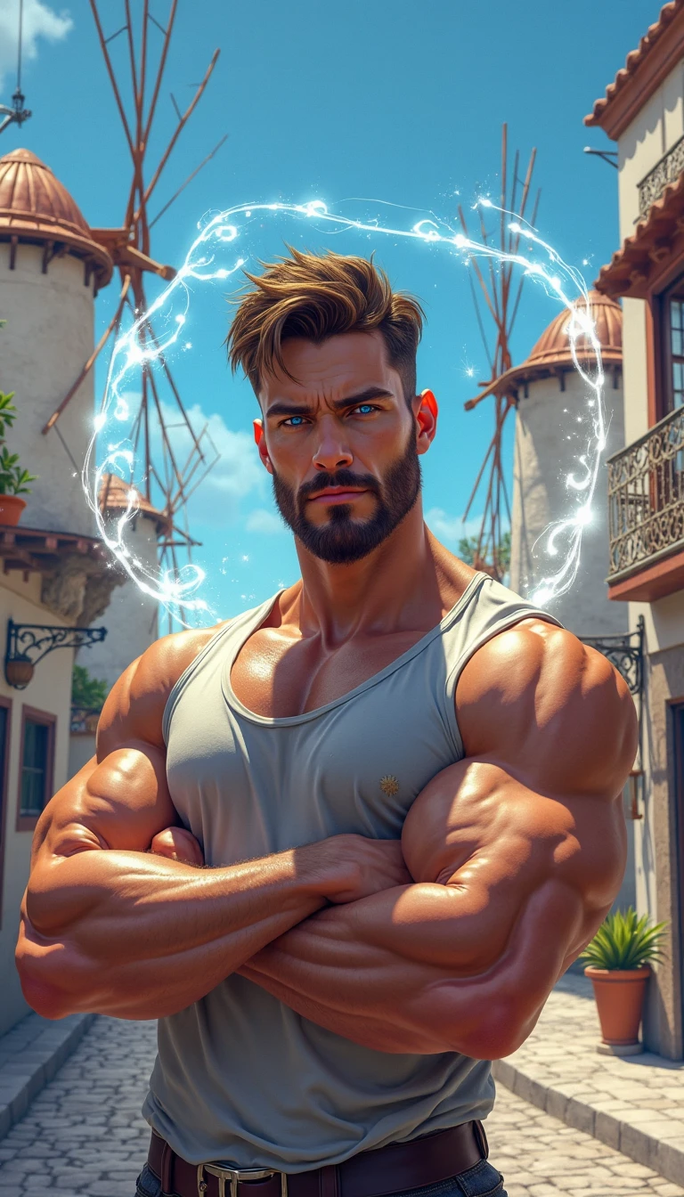 homem ,careca sem cabelo, de os olhos azul, tiro de corpo inteiro, olhos firmes, olhando para frente, lightning in the sky, arms extended, olhando para frente, parado no topo de uma montanha, manto e capa vermelhos, cruz brilhante no ar. ,arte de luz neon, No escuro da noite, Um navio alto navega pelos mares iluminados pela ,lua, Estrelas, colorido, circunstanciado, 4k