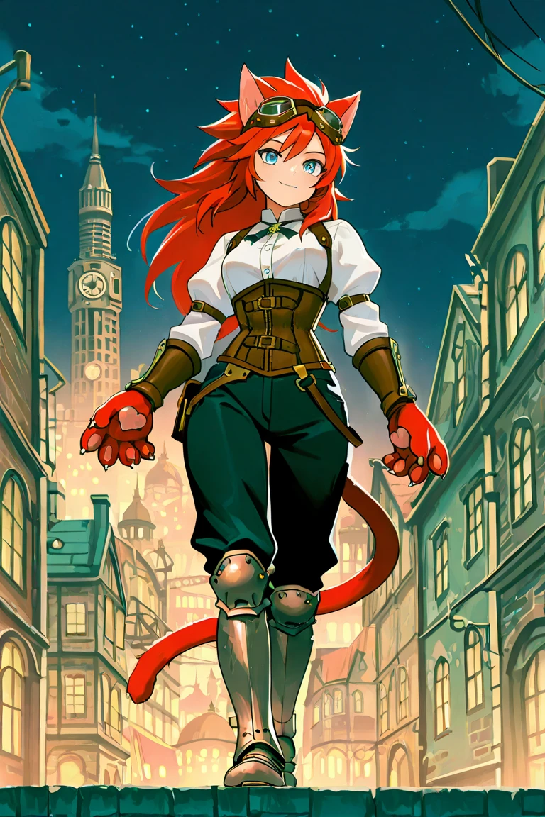 best quality, masterpiece, 2d, intricate details, anime, anime style, full body picture, catgirl, 1girl, red hair, spiked hair, blue eyes, enchanting eyes, wild hair, long hair, small smile, animal ears, red ears, red cat tail, cat ears, thighs, red hand paws, short hand claws, wearing steampunk armor, shoulder armor, wearing bracers, white shirt, corset, goggles on forehead, dark pants, armored boots, dynamic pose, steampunk city, towers, outside, (at night), night sky,