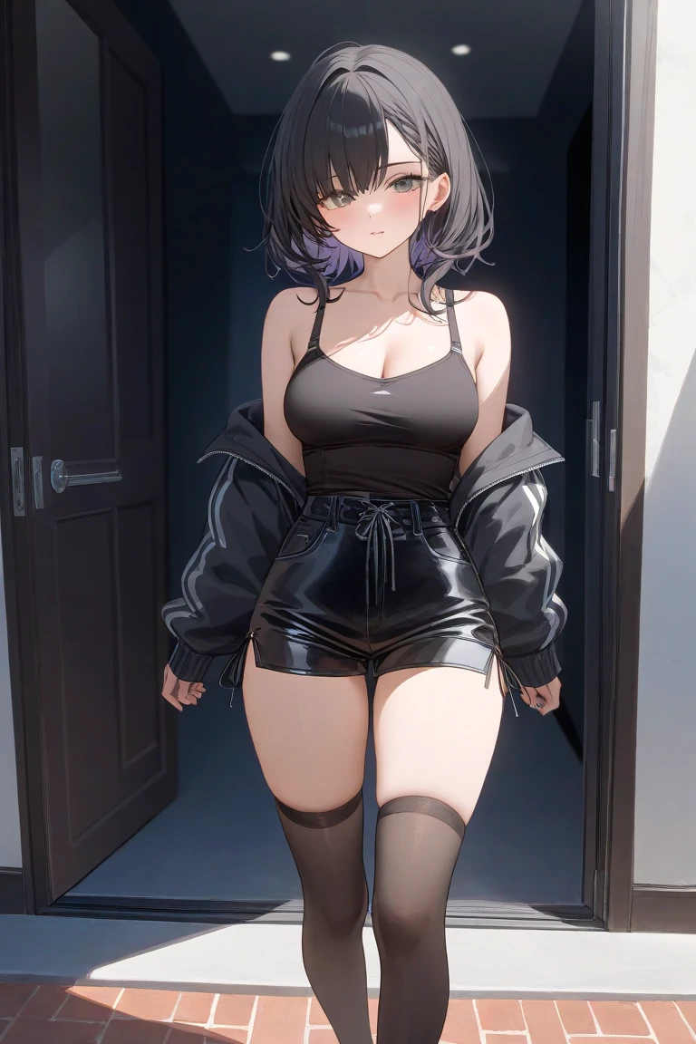(masterpiece), anime, Best quality, good anatomy, one girl, full body, white eyes, realistic face, gloomy face, dark hair, short haircut ,bare shoulders, back, tight black top, black pencil skirt, beautiful legs, oficce, Reflectors, 8K masterpiece, super detail, film movie, best quality, best ditails, detailed face, detailed eyes, camera from behind