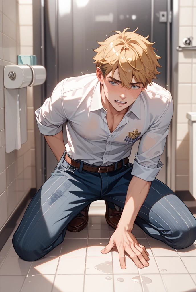 score_9, score_8_wonderful, score_7_wonderful, sauce_anime ,SideM,Takeru Taiga,Male Focus,Part 1: , 1 male,Black trousers,toilet,Red tie,blazer,Get on all fours and place your hands on the floor,penis,Wearing a collar with a leash,Semen in dog food bowl,View your viewers