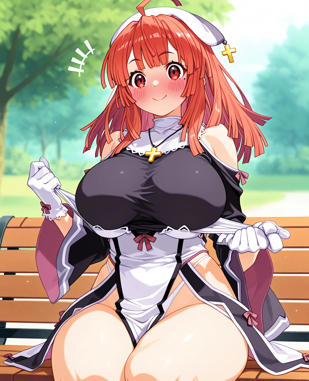 score_9, score_8_up, score_7_up, source_anime, anime coloring, anime screencap, megami magazine, BREAK 1girl, prier, gigantic breasts, red eyes, red hair, long hair, mole under eye, thick thighs, hat, jewelry, necklace, cross, gloves, pantyhose, long sleeve, bare shoulders, beach, seductive smile, blush, cowboy shot, leaning forward