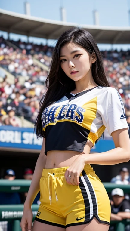 Masterpiece, superlative, realistic, Jennie wearing trendy football uniforms, knitwear, football shorts, HD, photography lighting, 16k