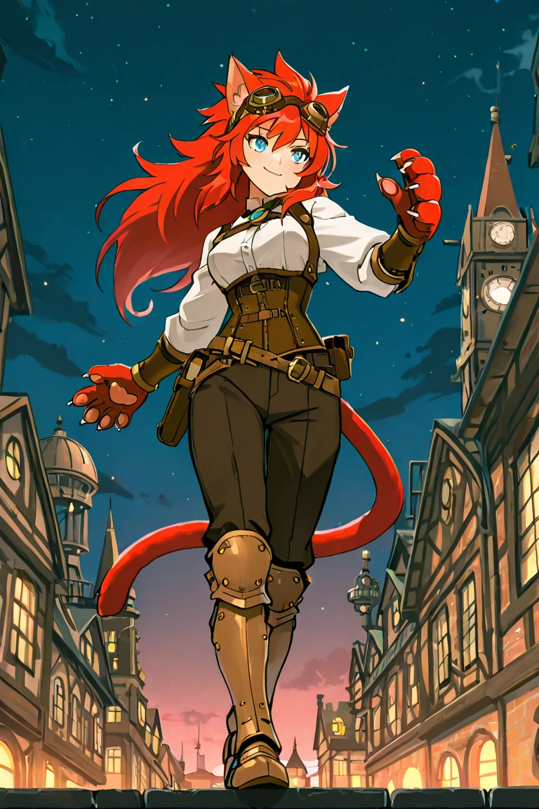 best quality, masterpiece, 2d, intricate details, anime, anime style, full body picture, catgirl, 1girl, red hair, spiked hair, blue eyes, enchanting eyes, wild hair, long hair, small smile, animal ears, red ears, red cat tail, cat ears, thighs, red hand paws, short hand claws, wearing steampunk armor, shoulder armor, wearing bracers, white shirt, corset, goggles on forehead, dark pants, armored boots, dynamic pose, steampunk city, towers, outside, (at night), night sky,