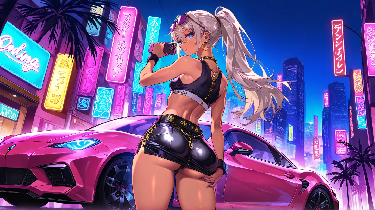 (dark skin),  beach tan, platinum Blonde wavy medium length hair with bangs,   big  thick thighs,　Super big butt,　Wet skin, ((Gorgeous super shiny florescent neon green string bikini)),full body, 1girl,  Cyberpunk-style see through clothing, Race Queen, Posing for the camera in front of a 3000GTVR4