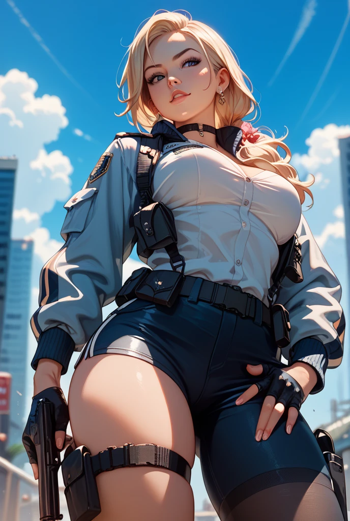 最high quality、best image quality、masterpiece、girl((20-year-old、 By becoming、vest bust、medium bust,wide open breast tea、shining eyes, blonde、long hair、thin,highest valley、ponytail、Very short shirt、short belly sports pants、cool pose、Please bring your smartphone、sweating、smile、forward leaning movement、diamond earrings、white gloves)),high quality、beautiful art、background((Rooftop with great atmosphere at night、beautiful illumination))、Flight、debris flies、Depth of written boundary、movie、visual art、perfect art、8k,genuine、