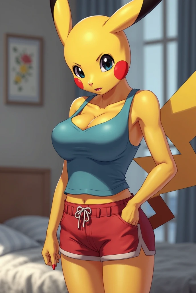 [Uploaded to e621.net; Twistedterra] [Uploaded to pngegg.com; pikachu], ((masterpiece)), ((solo portrait)), ((furry; antrho)), ((detailed fur)), ((raytracing)), ((detailed shading)), ((beautiful render art)), {anthro pikachu; (yellow fur), round clear brown eyes, seductive gaze; (bedroom eyes, smug smirk), large boobs, orange sports bra, athletic body, orange yoga shorts}, (slouching on couch; (legs spread), attractive pose), [background; livingroom, window; (outside sunset)]