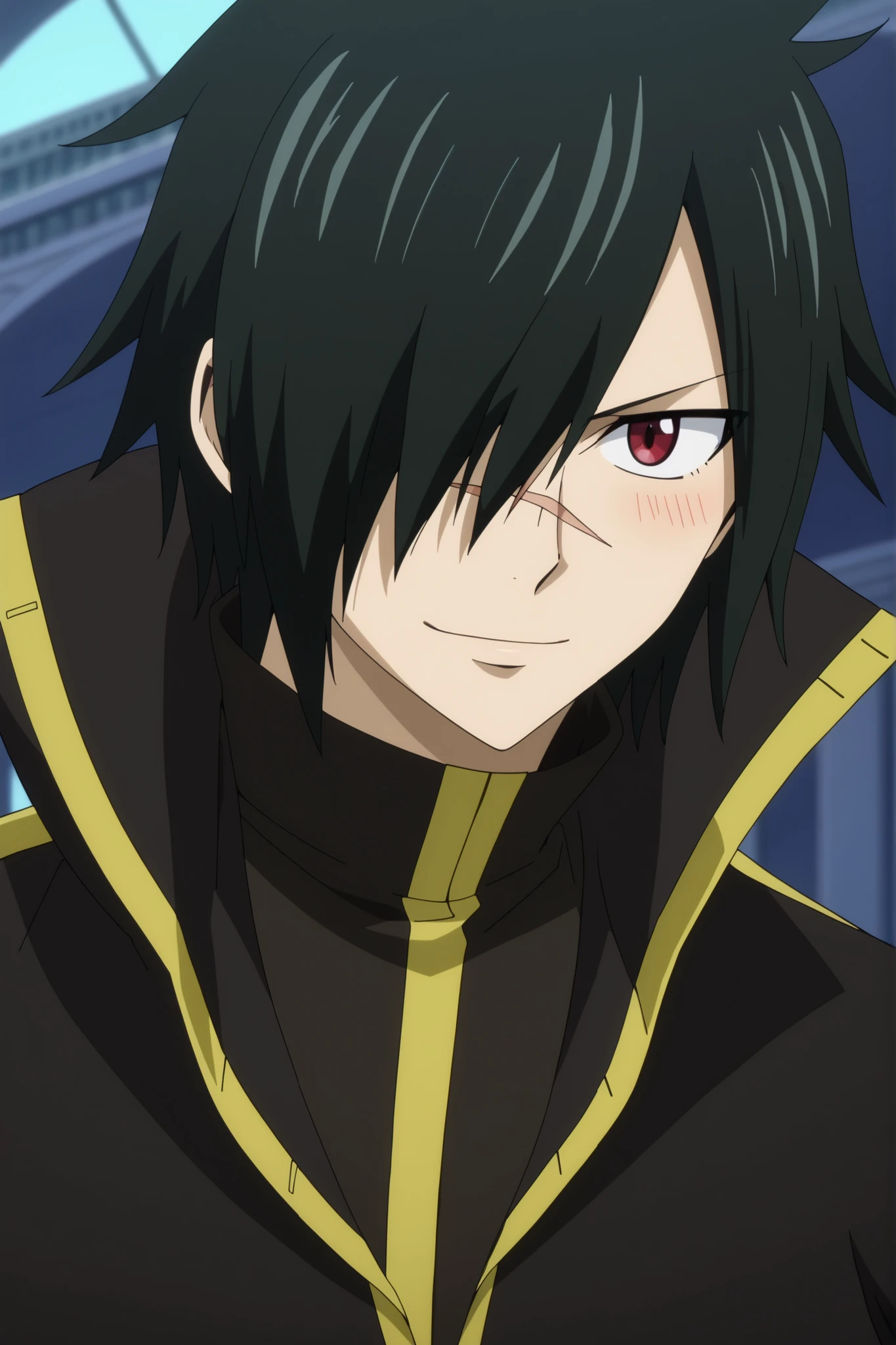 rogue_cheney, black hair, red eyes, hair over one eye, scar tattoo close-up, official style, anime screencap, 8K, extremely detailed, 1boy, solo, looking at viewer, front view, close-up black background , shadow , dynamic angle , dynamic action , atmospheric perspective , intricately detailed , depth of field , masterpiece , best quality , amazing quality , very aesthetic , absurdres , newest, happy smile, cute, blush, kawaii, official style, Rogue Cheney from Fairy Tail, wearing a minimalist gothic fashion outfit: tight black satin shirt with high collar and subtle front pleats, no jewelry or lace, layered with a plain black structured waist corset, long tailored black coat with high collar and pointed tails, no buttons or visible embellishments, slim-fit matte black pants, smooth black leather boots without buckles