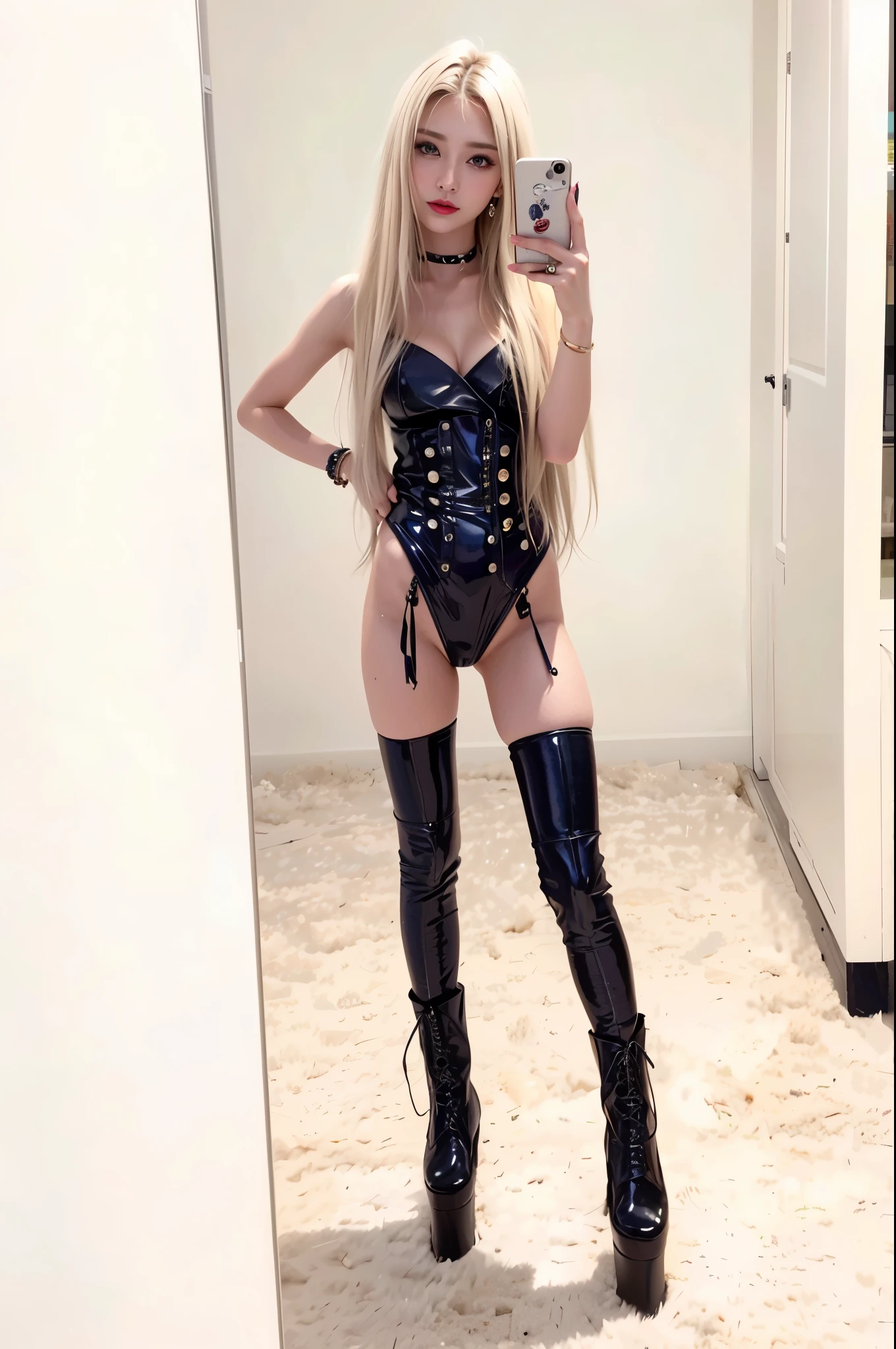 Highest quality masterpiece 8K Ultra-detailed Face Selfie BlondeのBeauty Blonde Highest quality masterpiece 8K Ultra-detailed Face Beauty Shoulder-length hair Black shiny bunny girl costume No shoulder straps Strapless High leg Her breasts are about to burst out of her costume Thighs Selfie Mirror photo Reflected in the mirror tights Flexion and extension