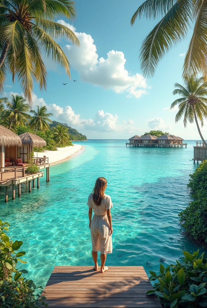 Frau mit langen dunkelbraunen Haaren, ((stands with his back to the camera), ((giving back pose without Face)), Fullbody, White loose summer dress, Slim and athletic body, Woman can be seen From behind without Face, Camera very Far way, Wandern auf den Malediven,  Huruelhi-Insel, turquoise water, Radisson Blu Resort Malediven, in background turquoise water, Resort, Hotels, Palmen, White sand, Bungalow over the water, beautiFul sky, natural shade, Verismus, Raytracing, Panorama, Ratio is only 1/8, ((Big forest)), Ultraweitwinkel ((lens Flare, 17mm, F/2.8)), sony Fe gm, Ultra HD, Retina, Meisterwerk, ((best quality)), ((Meisterwerk)), (Sehr detailiert: 1.3) sehr realistisch, shot From drone
