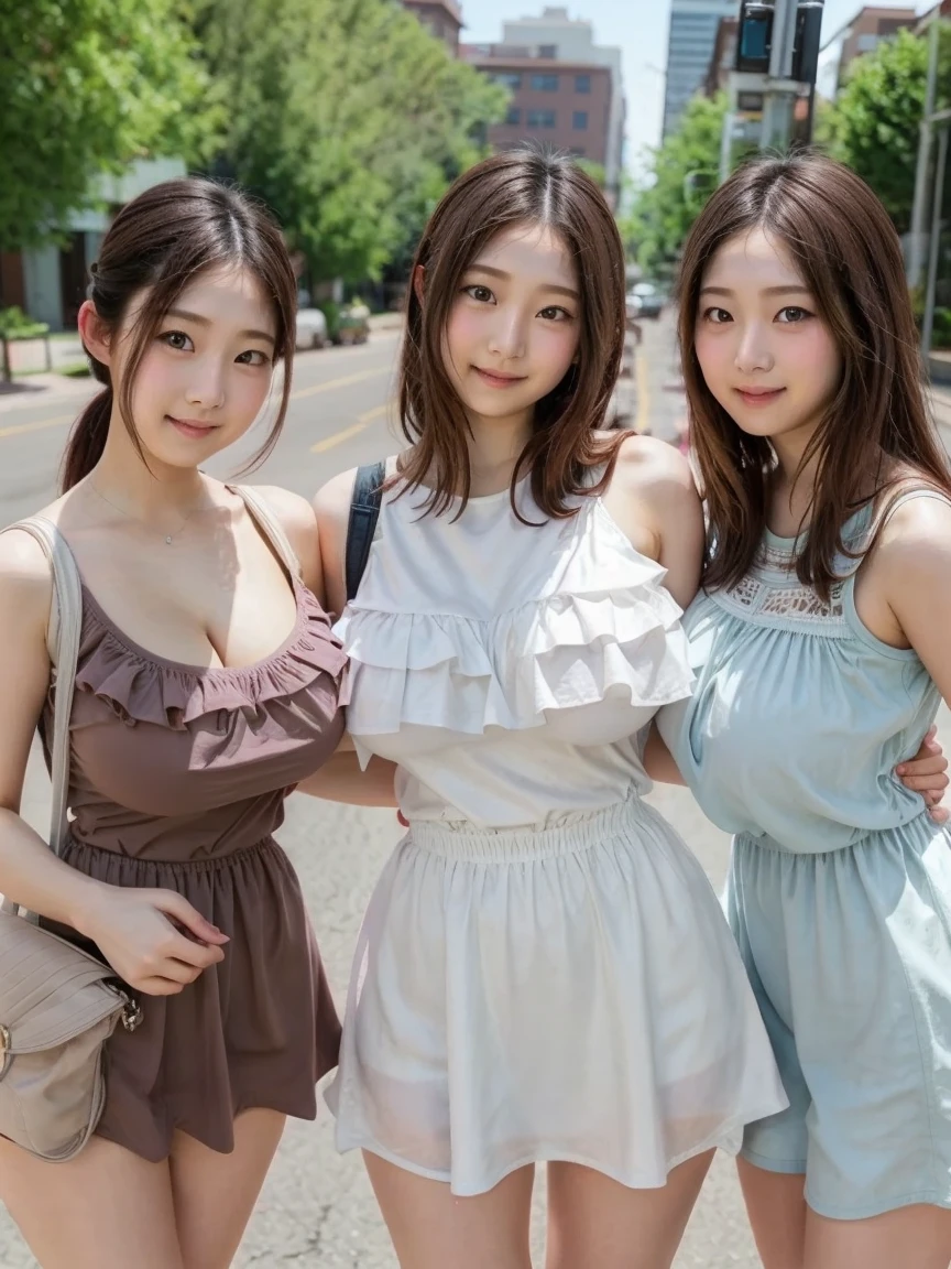 (MULTIPLE GIRLS),GROUP PICTURE,LINEUP,HAREM,3GIRLS,4GIRLS,STANDING,SITTING,8K,Raw photography,cinematic lighting,top-quality,hightquality,Extreme Detail Photography, (Photography Lighting:1.3),Raw photo,Best Quality,masutepiece,ultrasonic high resolution, Realistic,(mideum shot:1.5),(above knee shot:1.3),(walking:1.3),Japanese,The face is about 25 years old,Puffy eyes,Eyes in good shape,Brown-eyed,dark brown short hair,(disheveled extra fluffy pixie cut:1.2), good lips,Natural makeup, (sunburn tanlines:1.2),cleft chin, (slanted eyes), windsor glassses, (crooked tooth:1.2), smiling widely, Eye for extreme detail,Super Detail Face,Hair in super detail,Super detail body,(Slender body:1.5), BREAK (pastel color sundress with Gingham check:1.2),(detailed fabrics:1.3),(cleavage:1.3),(no bra:1.3), BREAK (on the beach:1.5),(near the waves),(sunshine:1.5),daylight,(selfie),
