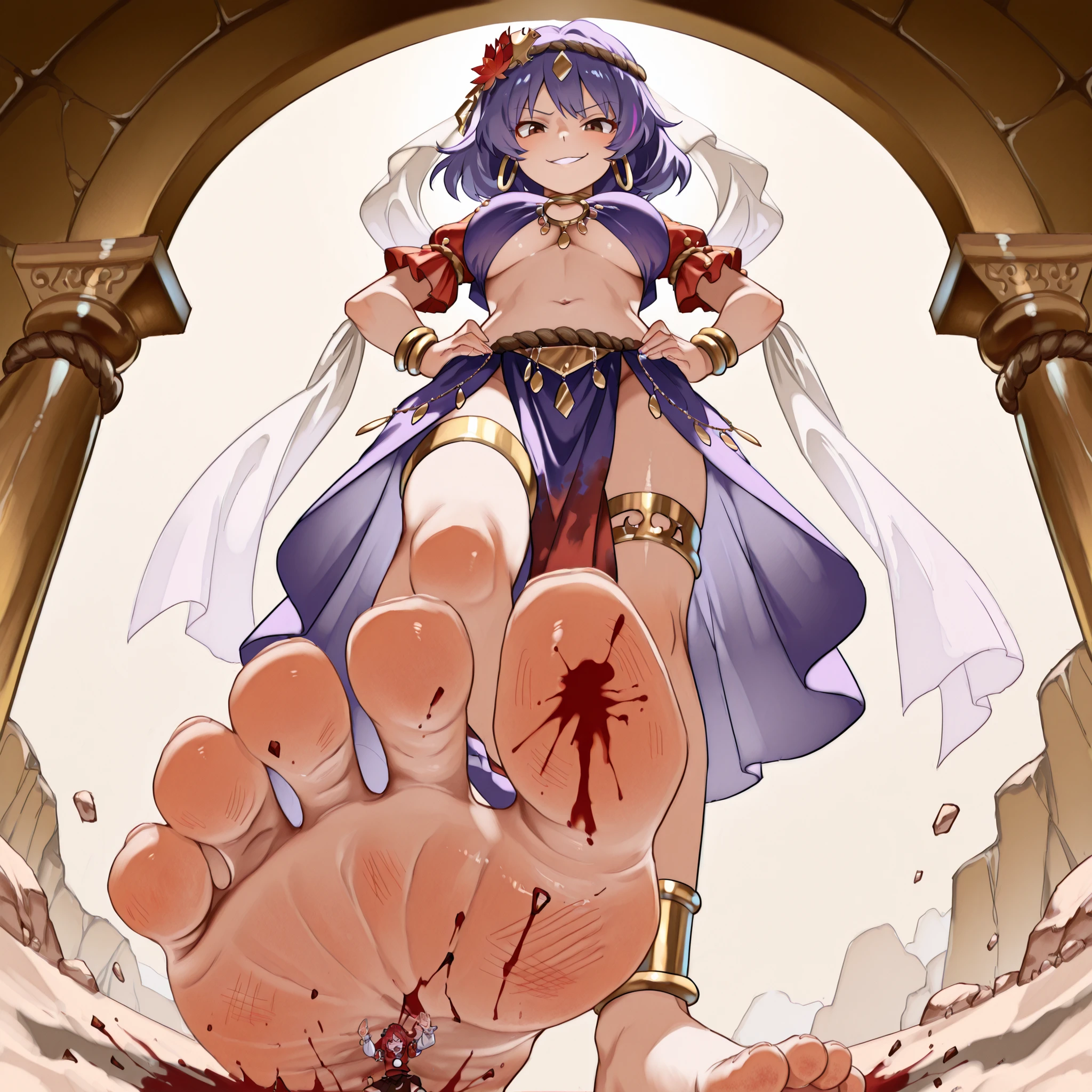 Giantess, short purple hair, brown eyes, inspired by Yasaka Kanako (Touhou Project), reimagined as Arabian belly dancer, standing over a tiny man. Focus on one massive bare foot lifted above the viewer, dramatic low-angle perspective (from below).

Sole of her foot smeared with blood, visible stains, gore, crushed remains embedded in her arch and heel, blood on toes and toenails (gold-painted, chipped, and blood-streaked). Toering on second toe, visible. Emphasis on foot size, texture, and blood detail.

Jewelry: gold anklets, thighlets, hoop earrings, neck rings, dancer’s bangles, ornate chains. Costume: o-ring dancer top (underboob), sheer pelvic curtain, bare midriff, visible navel. Hair flower, circlet crown, exotic dancer makeup.

Expression: blushing, smirking, eyes looking down at viewer, dominant and teasing.

Environment: crushed debris, bloodstains on ground, tinykid, suwako moriya below foot, terrified expression. Sunlight casting shadows under her foot, dramatic lighting, soft sand or stone beneath.

Tags: giantess, macro, foot focus, bloody sole, domination, Arabian dancer, gore fetish, crush, macrofetish, sensual violence, sole detail, from below, perspective distortion, fantasy, Yasaka Kanako alt-design