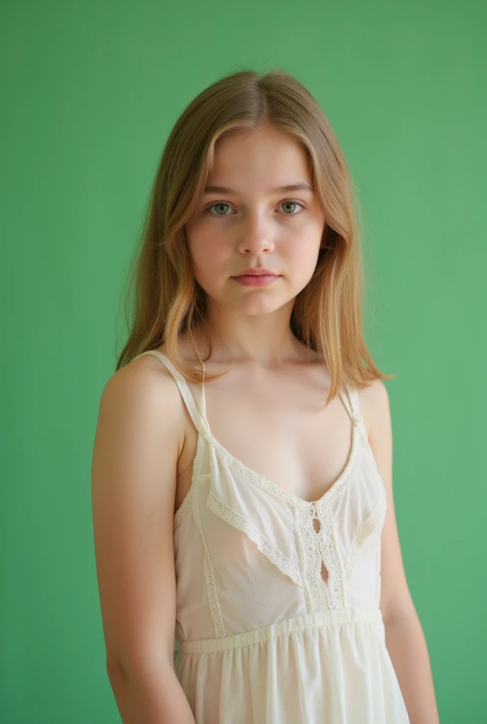 hyperrealistic, 13year-old girl, Russian, blonde, green-grey eyes, transparente white skin, freckles on the cheeks, small lips, round nose, thin face. realistic, long legs, sexy photo, No bra, bare shoulders, sexy photo, (sit posing), bed,