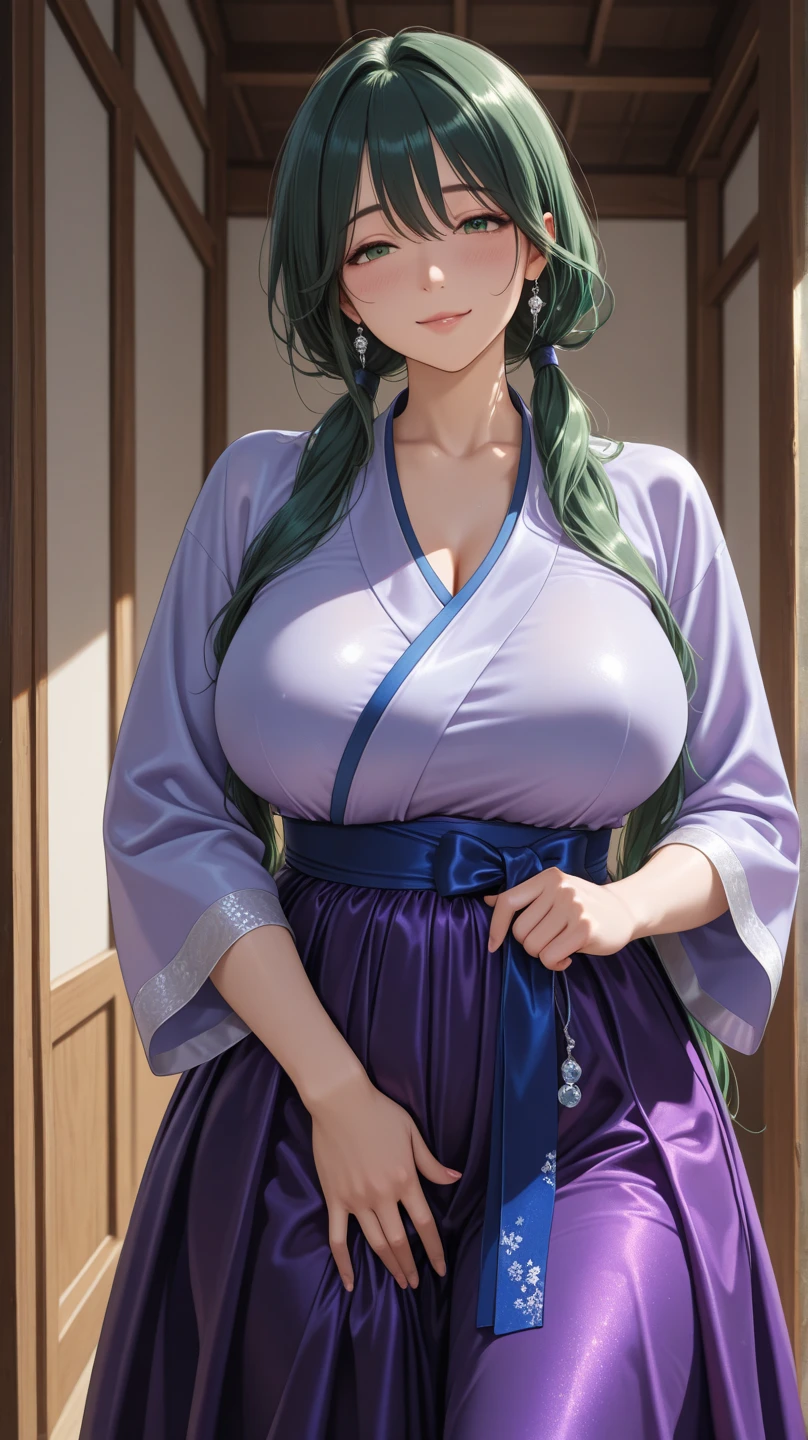 Make a beautiful young woman, tall, with short green hair, cat ears, purple eyes, a pretty, perfect face, with a beautiful smile, a beautiful look, a beautiful body, a perfect body, with dark skin, a dark complexion, a slender body, large bust, wide thighs, with a kimono, perfect kino, the kino is detailed with lus, the kimono highlights her figure, the kimono is tailored to her body, anime style, high quality, clear image