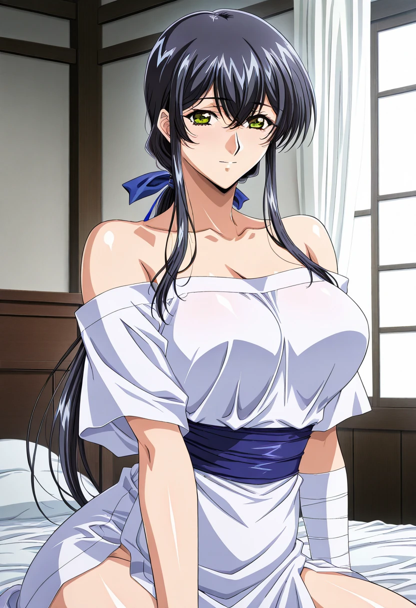 masterpiece, high definition, high quality, detailed face,detailed body rendering, 1girl, fit girl, solo, Misako,upper body,breasts,lipstick,ribbon,collarbone,yellow dress,short sleeves,makeup,black eyes,puffy sleeves,full-face blush,colorful,vibrant,highly detailed, standing, bedroom,