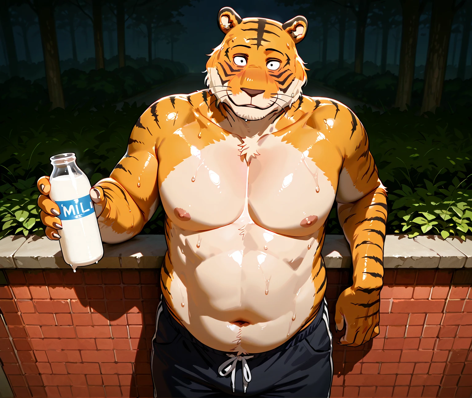 Bill (beastars), (gay man), (bara), (brutal male), ((harsh drawing style)), masterpiece, best quality, amazing quality, correct plump and morbid body anatomy, (correct and detailed eyes), absurdres, intricate details, high resolution, hyper-detailed, 1male, ((solo)), male,
((tiger)), orange fur, white underbelly, short white hair, short black beard, (((brutal plump adult huge tiger male))), whiskers, ((plump massive size difference)), ((10 feet tall)), small normal flat navel, thick, fat, obes, plump,
cowboy shot, topless, looks at the viewer, shocked face, he is confused, he shocked how he gained weight, park, black shorts, standing, holding milk bottle and drinking, park, sweat, smelly body, leaning back,