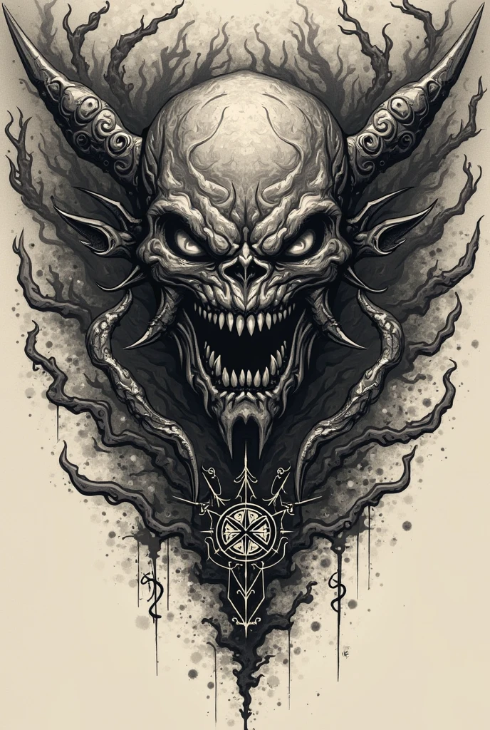 /imagine prompt: demon illustration for a sticker with a black background, in bold outline style, jagged edges, trashcore, light shading --v 5.2