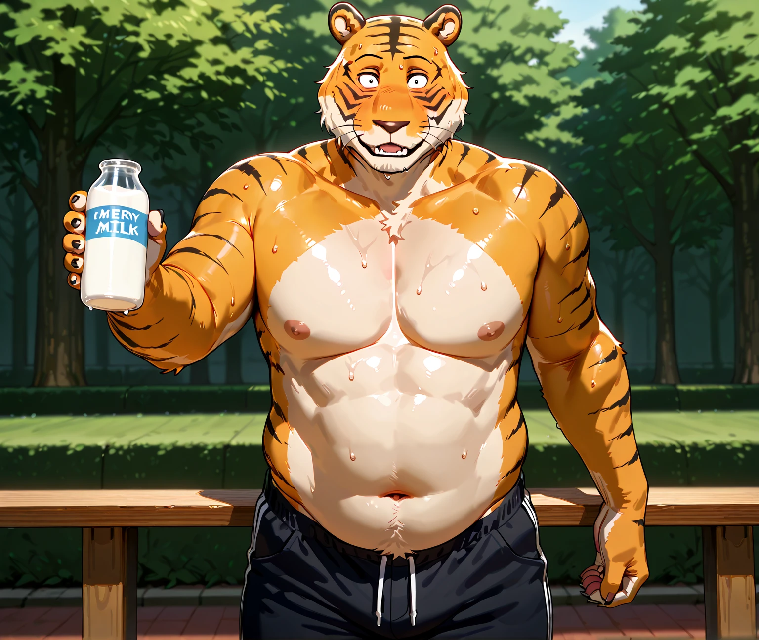 Bill (beastars), (gay man), (bara), (brutal male), ((harsh drawing style)), masterpiece, best quality, amazing quality, correct plump and morbid body anatomy, (correct and detailed eyes), absurdres, intricate details, high resolution, hyper-detailed, 1male, ((solo)), male,
((tiger)), orange fur, white underbelly, short white hair, short black beard, (((brutal plump adult huge tiger male))), whiskers, ((plump massive size difference)), ((10 feet tall)), small normal flat navel, thick, fat, obes, plump,
cowboy shot, topless, looks at the viewer, shocked face, he is confused, he shocked how he gained weight, park, black shorts, standing, holding milk bottle and drinking, park, sweat, smelly body, leaning back,