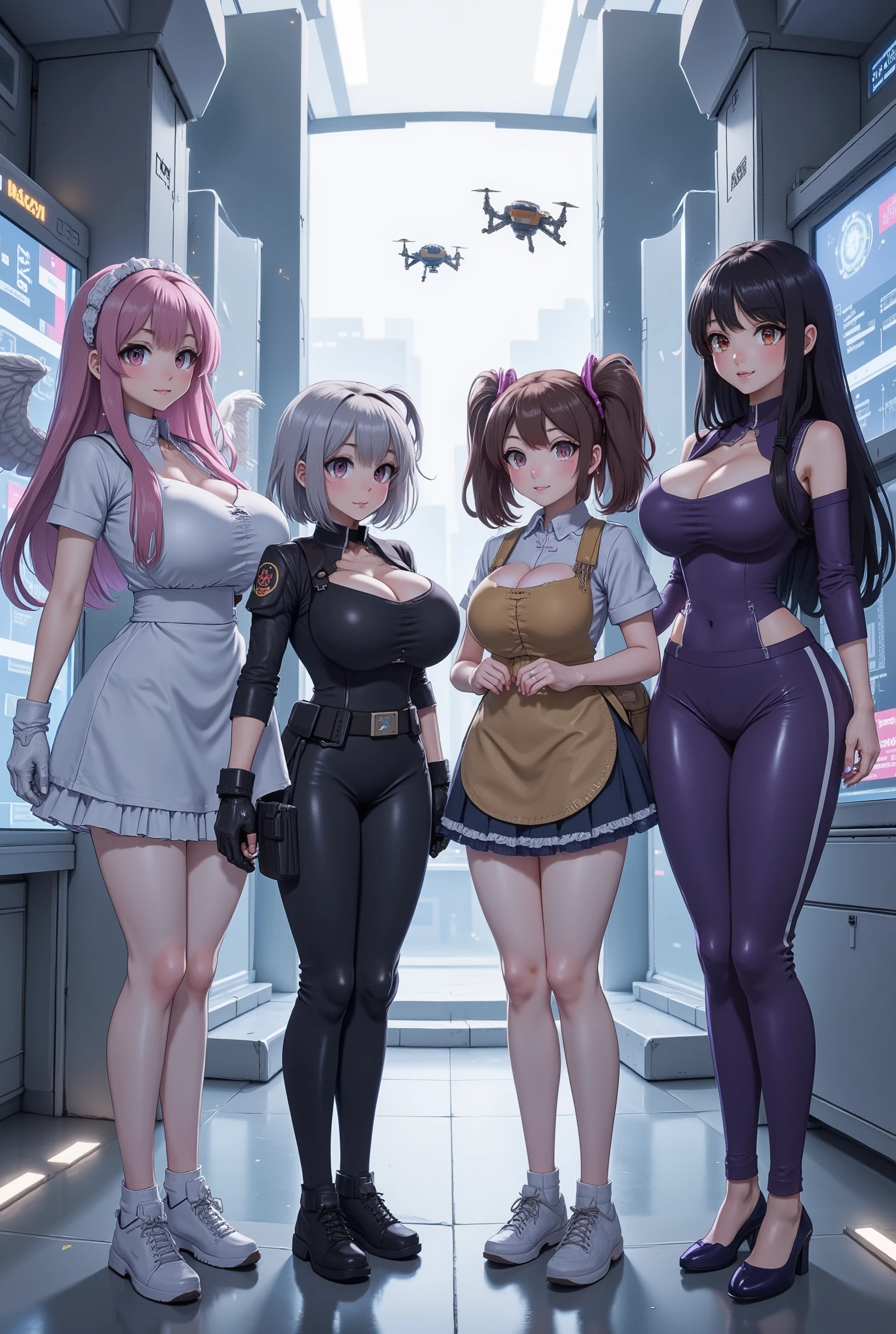 top-quality、masuter piece、covers、2girls、(White spacesuit)、(a blond):1.5、(Futuristic, tight-fitting bodysuit)、head phone、Cyberpunk spaceship interior background、​masterpiece、top-quality、