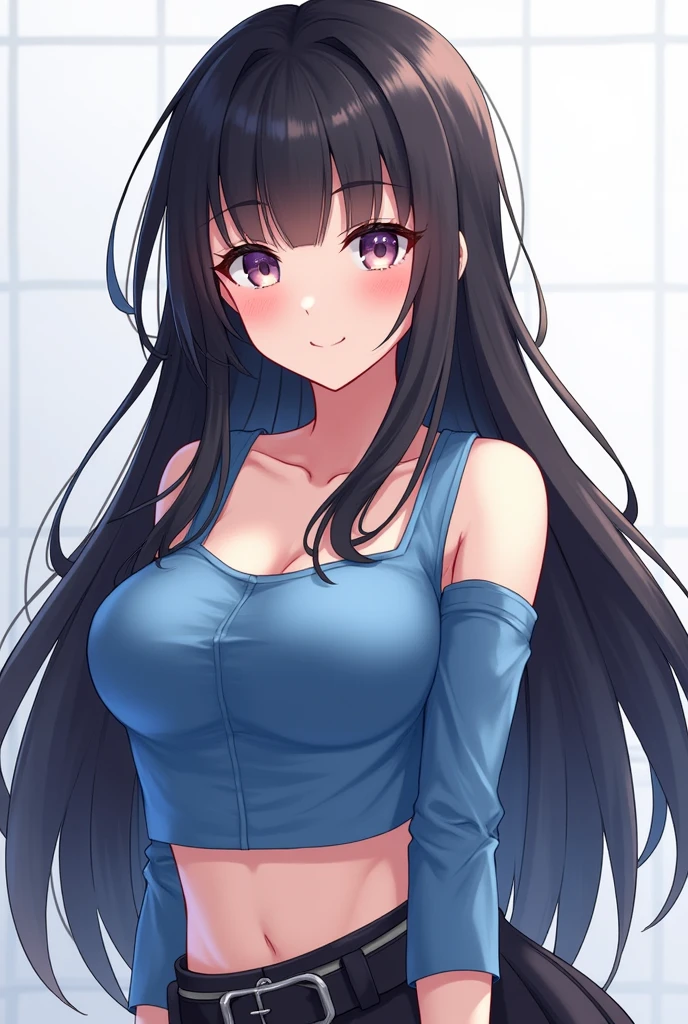 masterpiece++, best quality++, beautiful+, anime style,1person, full body image, skirt, leather belt, off shoulder pink dress shirt, beautiful blue eyes++, long straight black hair, modern style, choker