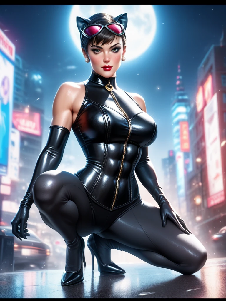 (masterpiece, best quality:1.2), catwoman, 1girl, solo, breasts, (cat ears, goggles, goggles on head), black bodysuit, night, center opening, unzipped, open bodysuit, green eyes, blurry background, perfect hands, perfect fingers, skimpy outfit, (muscular, thick thighs), upper body view