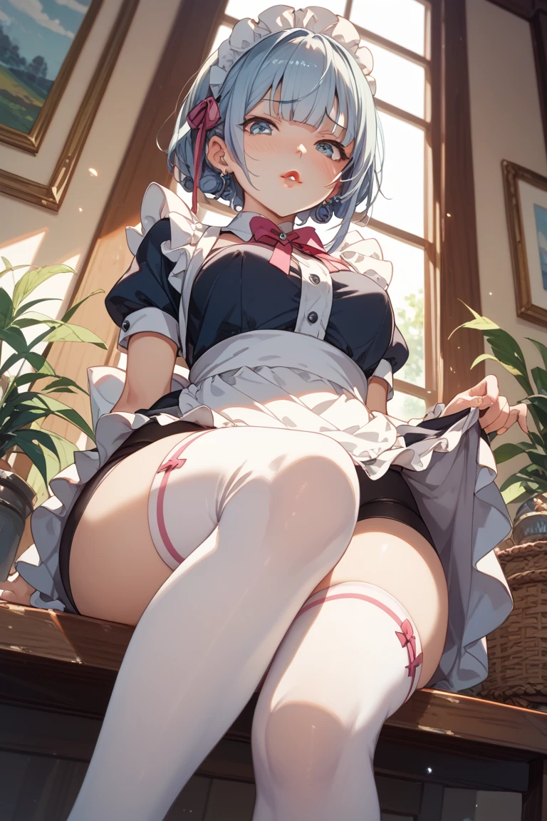 1girl, solo, breasts, looking at viewer, smile, bangs, big breasts, dress, animal ears, medium breasts, sitting, closed mouth, lingerie, green eyes, blue hair, visible panties, sheer panties, purple hair, stocking -short pants, thighs, indoors, legs apart, ((visible pussy)), feet, legs, toes, no shoes, soles, white tights, focus on legs
1girl, solo, breasts, looking at viewer, blush, smile, short hair, bangs, big breasts, dress, animal ears, cleavage, medium breasts, sitting, closed mouth, underwear, green eyes, blue hair, underwear, hair purple, short sleeves, tights, thighs, indoors, open legs, white panties, apron, feet, legs, wrist cuffs, maid, maid headdress, toes, no shoes, soles, table, plant, foreshortening, white apron, maid apron, panties under pantyhose, white pantyhose, potted plant, focus on foot
