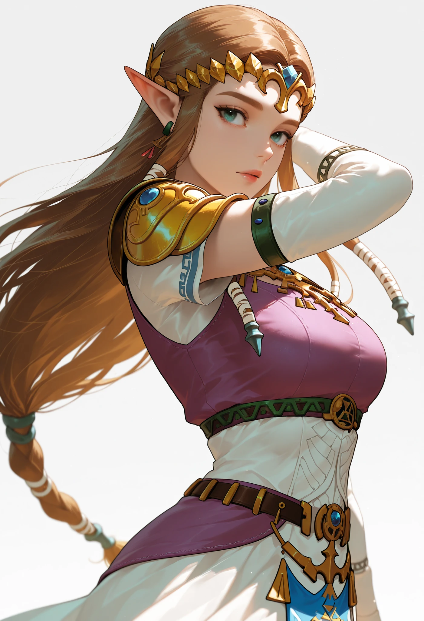 masterpiece, best quality, vibrant, very aesthetic, high contrast, semrealistic, newest,
1girl, solo, long hair, large breasts, simple background, blue eyes, brown hair, lips, nose, perfect eyes, princess zelda, posing, white skirt, purple top