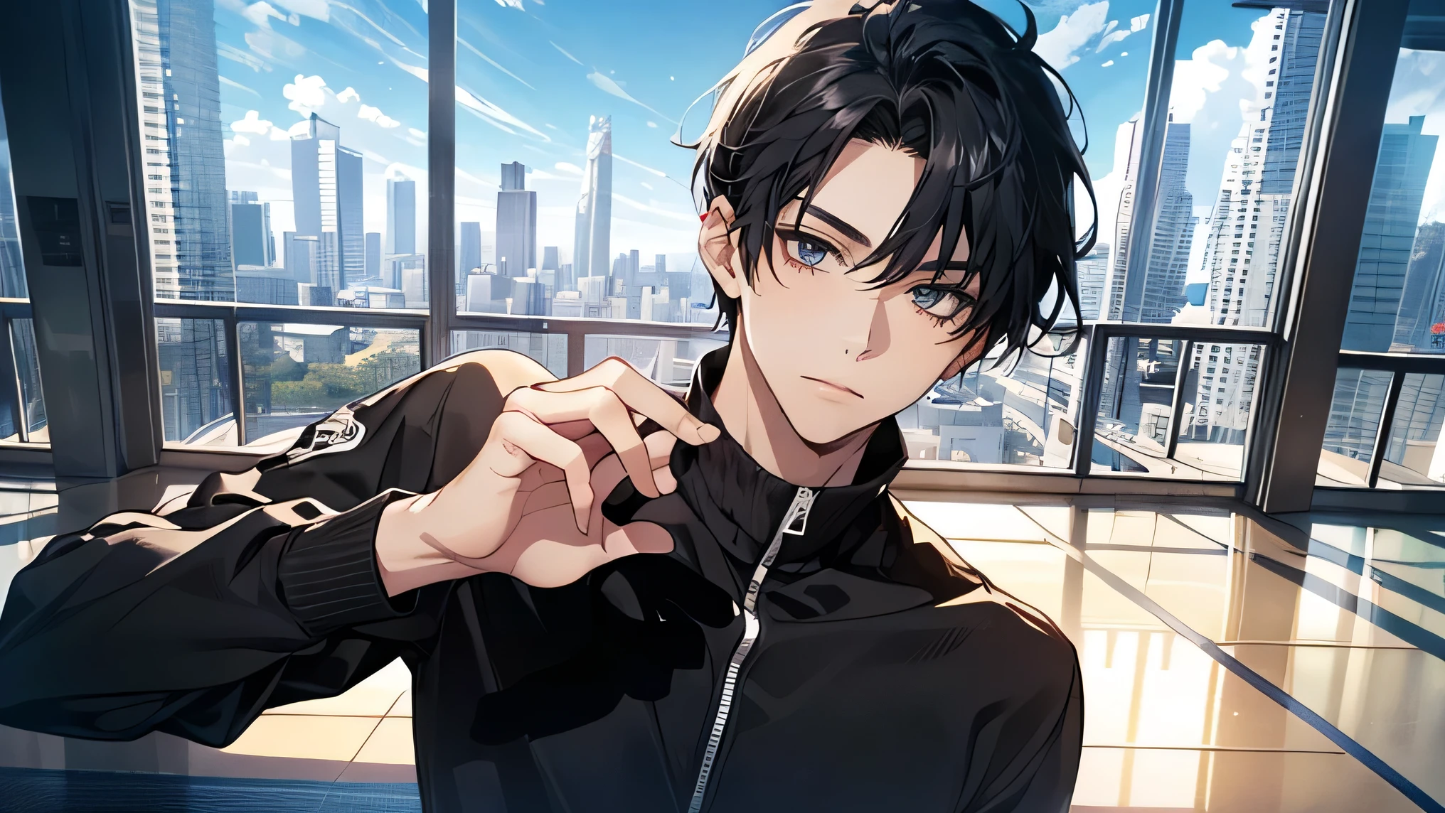 Japanese male handsome very short black hair tight long sleeves Light Colored Tight Long Pants I can see the blue sky large room with glass floors and ceilings private gym Composition with a very big face From the shoulders up and look at the camera Future City very short black hair True Face sexy face Face up more
