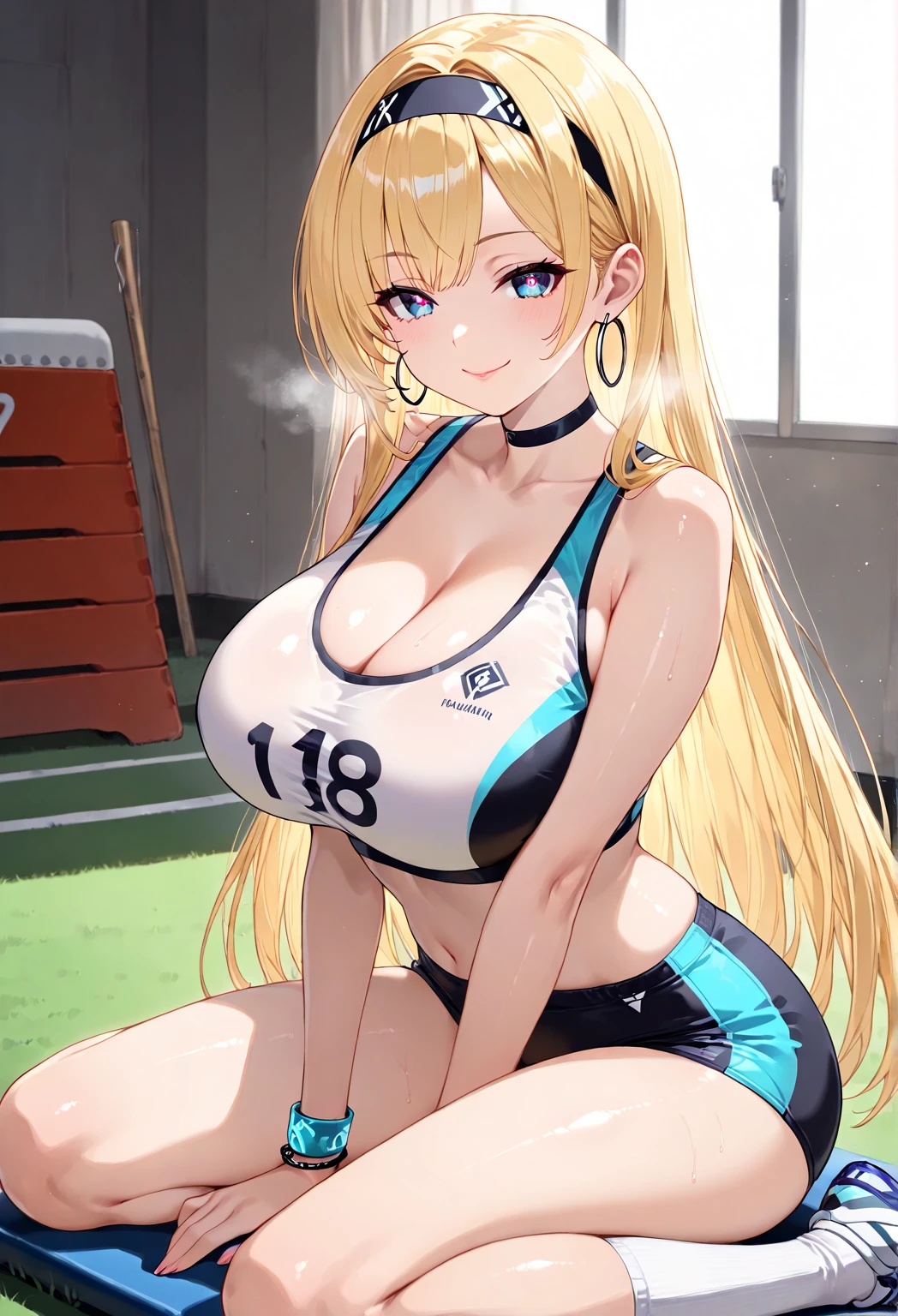 1girl, blonde hair, long hair, blue eyes, large breasts, breasts, wide hips, thick thighs, wide hips, mature female, hourglass figure, athletic female, toned, toned female, tall, tall female, smile, bikini, highleg bikini, highleg, micro bikini, string bikini, yellow bikini, ((yellow bikini)), black trim, number, numbered, numbers, bat, baseball bat, baseball cap, cap, hat, text, stadium, smile, gloves,