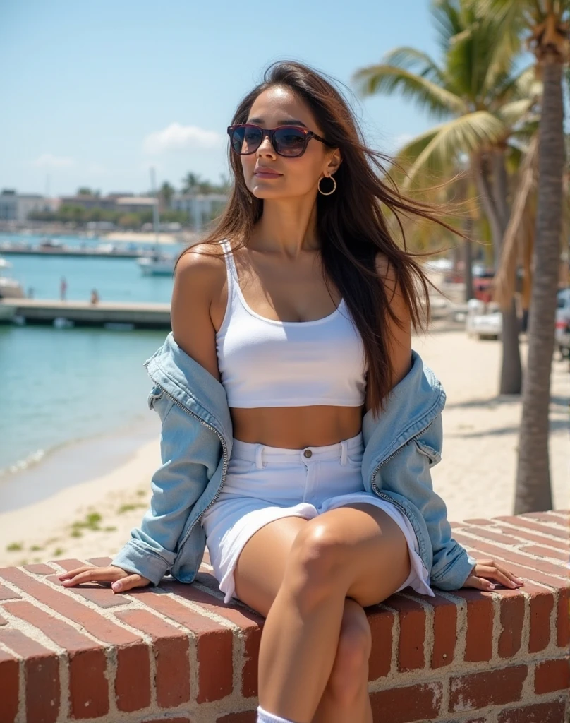 there is a woman sitting on a bench with a bag, sitting on a bench, sitting on a bench in a shopping mall, vacation photo, 40 year old woman from Brazil, 40 year old woman, in the mall, tanned skin, t-shirt and shorts, sitting casually

The woman is wearing dark blue shorts and a white tank top.

A beautiful Brazilian woman, with white skin, dark brown hair. She is around 40 years old, 165 cm tall and weighs 56 kg. Her body exudes glamor and her face is a definition of beauty. Slender body, thin waist. Highly realistic, hyperrealism, very elaborate skin. Clear photo, high resolution, high quality, masterpiece, 16K photo, high contrast, masterpiece, NUDE, NUDITY, NFSW.