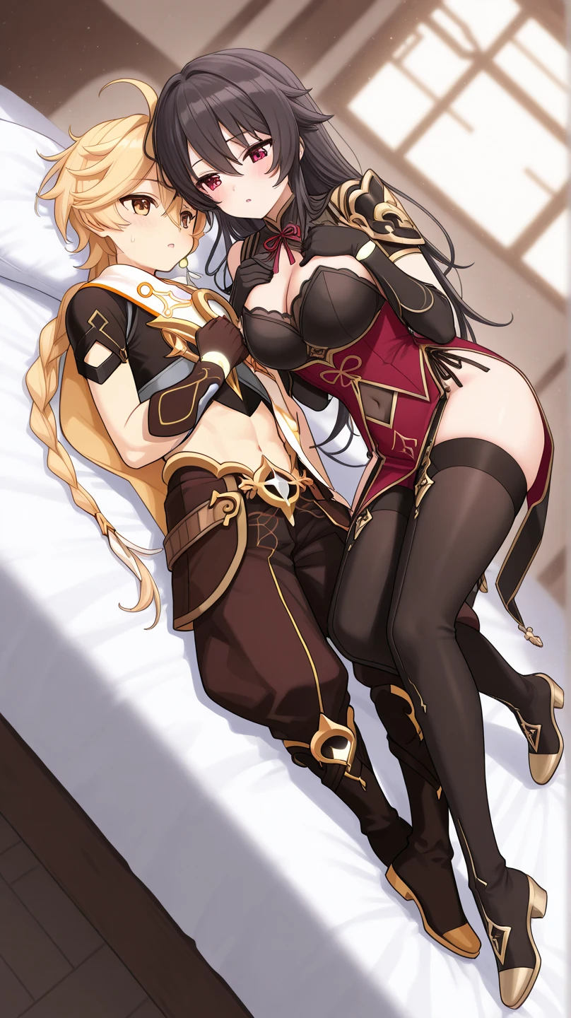 score_9, score_8_up, score_7_up, score_6_up, source_アニメ,Dark Elf Hermaphrodite Boy Gets Fucked Frontally by Futanari Princess, Futanari woman's penis inserted into hermaphrodite boy's pussy,Wrap your legs around me and hug me, arms around neck, kiss, (futanari is Elf white skin large breast), (Dark Elf is hermaphrodite flat chest tiny height)