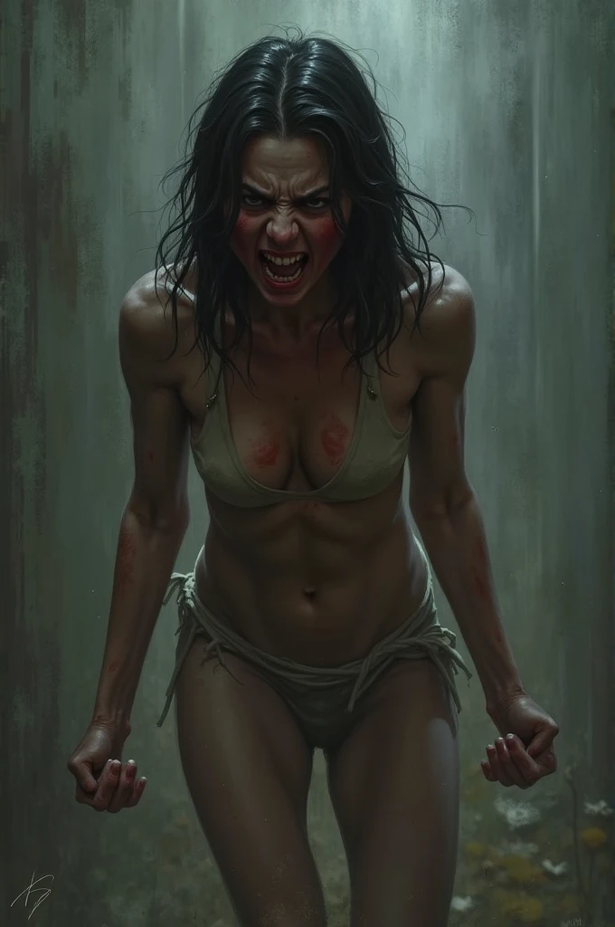(horror) (damsel in distress) a pack of ravenous goblins with big eyes,small bodies,huge cannibal mouths (lots of jagged sharp teeth), chasing a scared human woman with big breasts,big butt,anglo features,tramp stamp tattoo,barefoot, battered and bloody, in a dark forest at night,(best quality,4k,8k,highres,masterpiece:1.2),ultra-detailed,(realistic,photorealistic,photo-realistic:1.37),dark fantasy,horror,surreal,chiaroscuro lighting,moody atmosphere,dramatic lighting (show all of her head to toe)