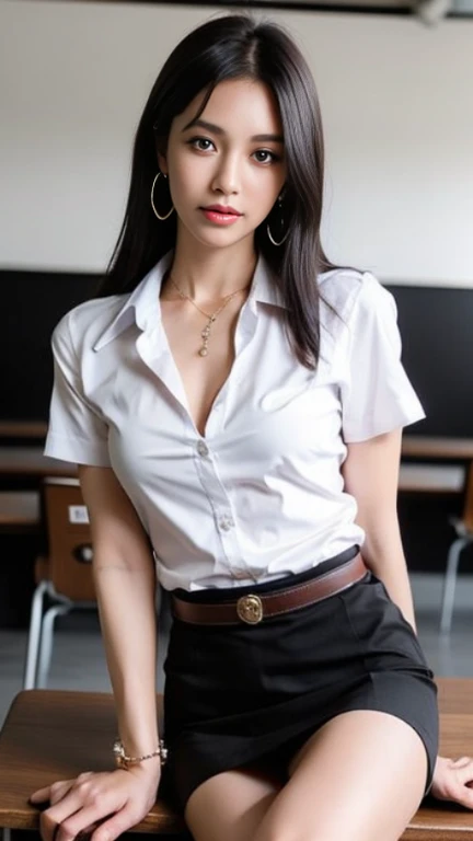 (8ก,high resolution,Masterpiece, best quality, alone, complicated details, Chromatic aberration), realistic, ((small breasts)), ((small breasts)), ((small breasts)), (Sagging breasts.), hair in one eye, big round hoop earrings, Diamond choker, Gold Necklace, silver necklace, small watch, bangle, bracelet, bangleข้อเท้า, waist necklace, (symmetrical eyes),(Perfect symmetrical body), (Photo of a beautiful 24 year old teenage girl), Beautiful and charming with contemporary fashion paintings as well.., looking at the audience, ((Behind the scenes of a large classroom)), (black short skirt), (((Wear a blue shirt over it.., ((white short sleeve shirt), (Open your shirt and show your breasts..), no bra.)), (open chest), (Sagging breasts.))), (()), (Long square leather belt buckle), ((Put your hands down.)), (Bob, Side flatness, brass colored hair, (There is a thin layer of hair covering the face..)), sharp eyeliner, eyelid, Blush, have thick eyelashes, sharp eyes, purple eyes, pink cheeks, Very delicate and beautiful, round chin, Sharp focus, elegant, (Open your legs on the study table..), (Sit facing out and looking at the camera..), (Open your legs and lift your right leg over your left leg..), (), Set a seductive example. (naked vest), shot in the knee, (shiny red lips:1.4)