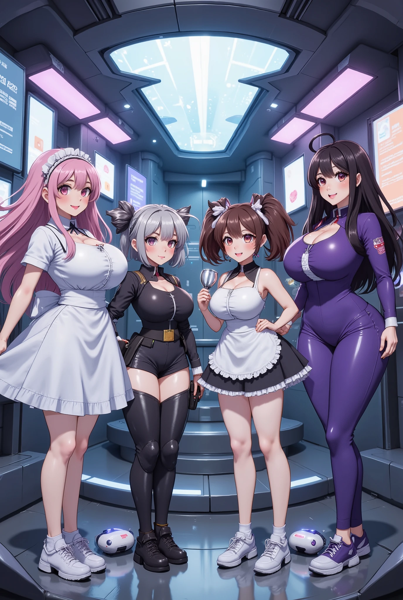 in an airplane, Female flight attendants, standing, Tray in hand:1.2), (tight fit clothes:1.2), (Tight white vest:1.4), (Wear a white vest over a naked body:1.1), (Delicate white lingerie mini skirt 1.4), (Wear a short purple skirt over pantyhose,The chest is large),(Love print on vest), (Hang the neckline:1.2), bare shoulders, Plump big breasts,Perfect body slim curves,Three girls,blush,
