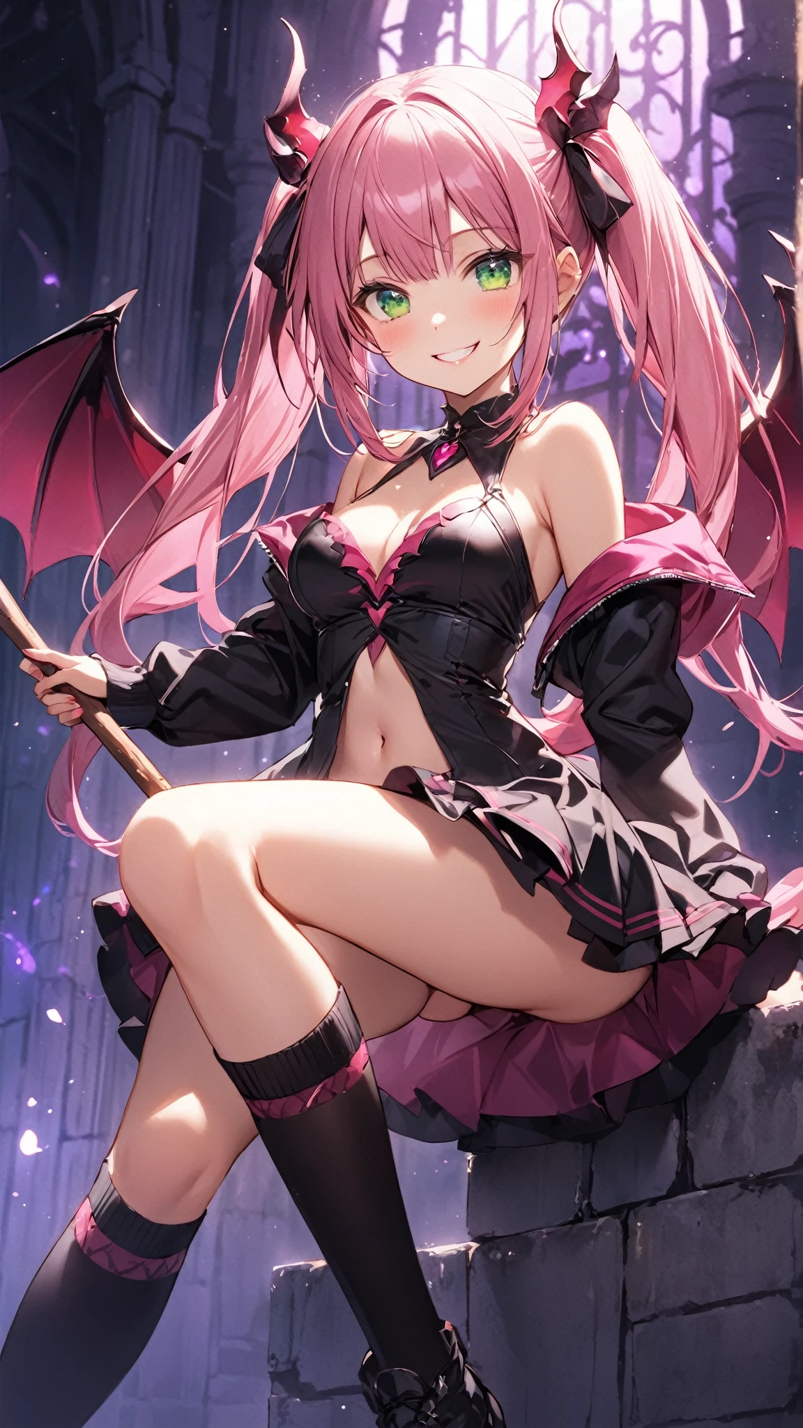 absurderes, hight resolution, (Anime style:1.1),
((masutepiece)), ((Best Quality)), (Ultra-detailed), ((Extremely detailed)), (Beautiful),full body Esbian、Crazy smile、
((Kawaii Girl)), (Lori:1.8), (独奏:1.5), Beautiful face, A pink-haired、Floating hair,Slender girl, (medium breasts:1.6)、1 vampire girl、(Black clothes with open chest:1.5)、low angles,Pants are visible、(Very large red moon and suspicious old castle on high quality background)、 Hair is stiff、deep in the night、(See more:1.5)、Mini skirt、Beautiful starry sky、Lower milk is visible