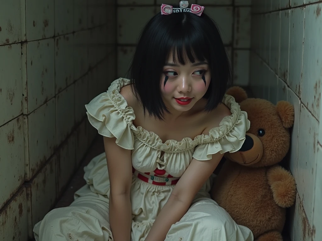 young woman、、white、Pink Hair、Long Hair、Twin tails、Expressionless、Big eyes、Iris、、thin、wears a small crown,、Black off-the-shoulder dress、There is a big cross in the middle of the dress.、周りにwhiteい幽霊がたくさんいる、Genuine、8k、High resolution、Live Action、I have a large, dirty, distorted patchwork teddy bear.。.