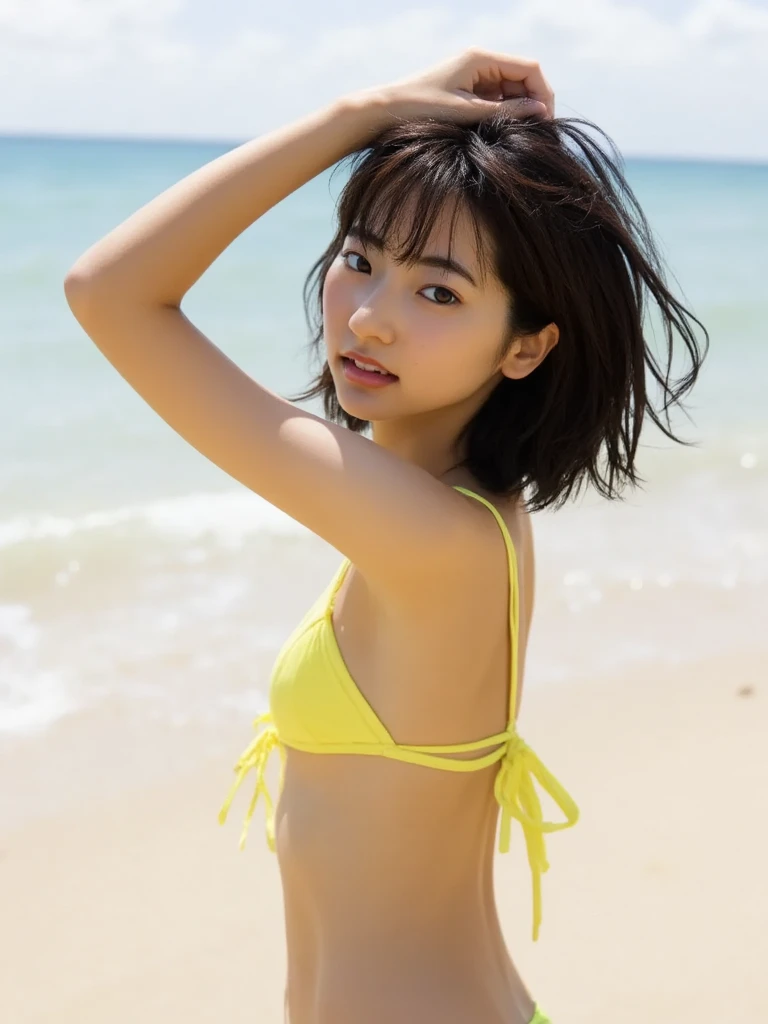(at beach, 1 girl, small breasts, medium long hair, yellow micro bikini, camel toe, Spread legs, squatting:1.5), fair-skinned, glossy lips, skinny, body type, delicate and sexy clavicle, highest quality, RAW photo, realistic, face, incredibly ridiculous beautiful girl, cute, Depth of bounds written, High resolution, ultra detail, detailed, Very detailed, extremely detailed eye and face, sharp pupils, sharp focus, cinematic lighting