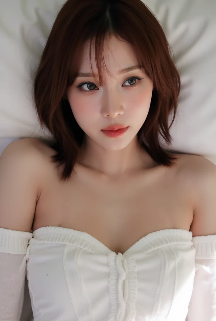 Highest quality, Face Focus, Soft Light, Ultra-high resolution, (Realistic:1.4), RAW Photos, 1 Japanese girl, alone, cute, (pupil, Light in your eyes), Beautiful face in every detail, (Small box),(High resolution detail of human skin texture), (Short Hair), indoor, In underwear (Portraiture)、On the bed、Sleep
