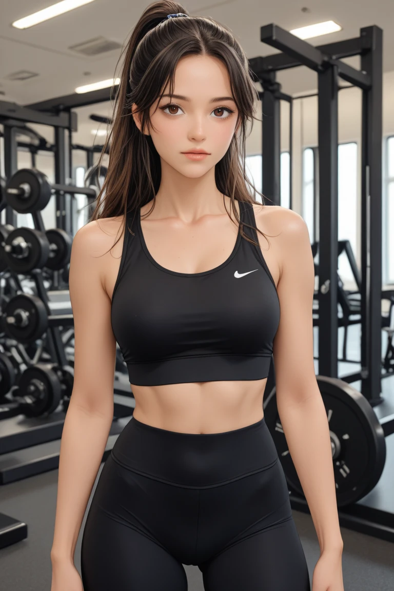 （（best quality，4k，masterpiece：1.3）），Beautiful woman with perfect body：1.4，（Vest line，muscular hands:1.2），Dark brown hair，，white yoga pants，soak，Gym，Highly detailed face and skin textures，exquisite eyes，double eyelids，