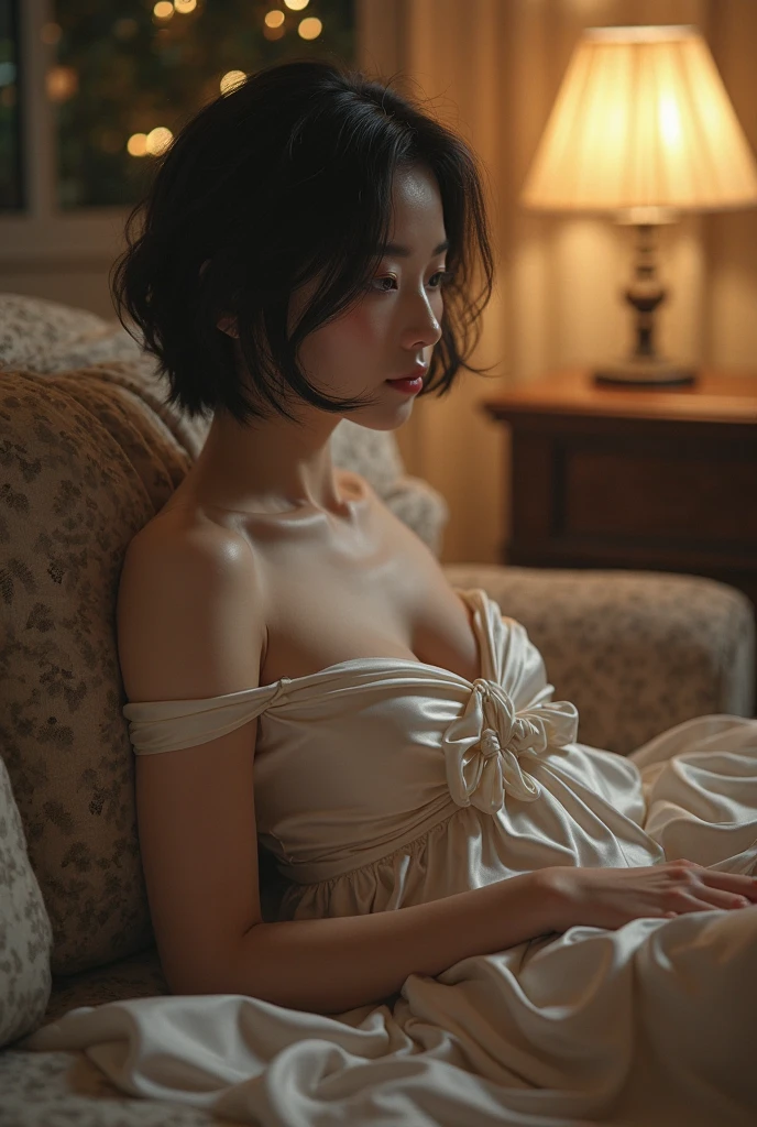 (Best quality, 8k, 32k, Masterpiece, UHD:1.2) "Generate a captivating artwork featuring a young Japanese girl model with short, sleek black hair styled in a chic bob haircut. Envision her bathed in dramatic cinematic lighting, creating an atmosphere of allure and mystery. Emphasize a romantic aesthetic vibe, showcasing the model in a poised and elegant pose that evokes a sense of intimacy and sophistication. Utilize warm and soft tones to enhance the romantic ambiance, and consider incorporating elements like flowing fabrics or flowers to add a touch of ethereal beauty. Capture the essence of romance and beauty through the model's expression, the play of light and shadows, and the overall aesthetic, creating a visually compelling and emotionally resonant piece." (perfect eyes), flawless skin, flawless face, cinematic, tight body, ((well-proportion female hands)), ((female hands with five digits))