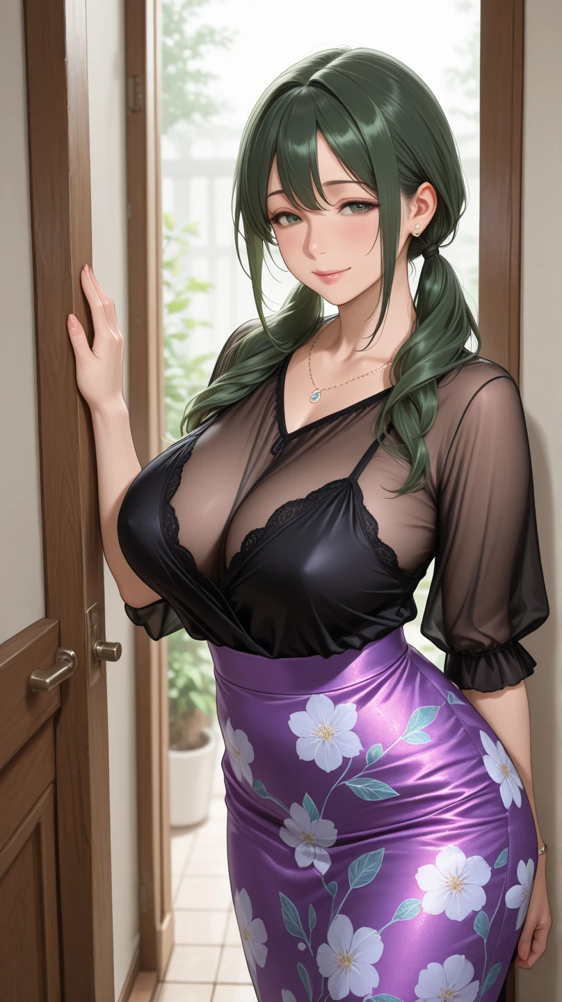 Black hair, brown eyes, large breasts, sexy, beautiful body, masterpiece, bedroom, green lingerie, green underwear, green bra, smile
