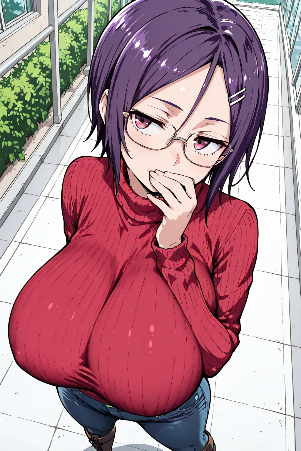 1girl, (best quality:1.5), absurdres, highres, short hair, glasses, ((masterpiece)), black thighhighs, looking at viewer, black eyes, nude, huge breasts, nipples, bedroom, black hair, navel, blush, topless, wide hips, facing viewer, playful, pussy, anime screencap, sitting, on bed