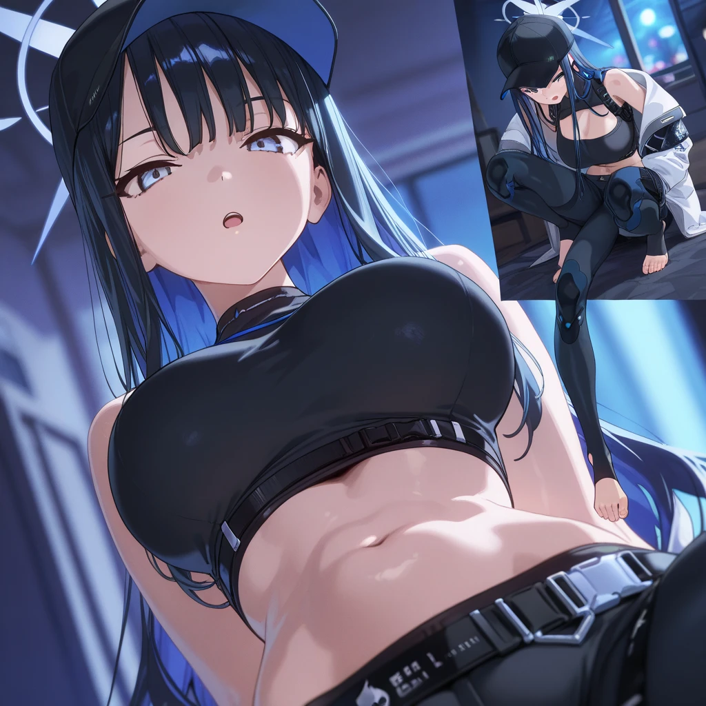masterpiece, best quality, 1man, 1girl, dark blue hair, half buzzcut hairstyle, yellow bolero jacket, short shorts, loose socks, sneakers, huge breasts, shiny skin, vivid colors, paint splashes, having sex with a man, legs are open,(Being stroked by man's crotch), Ridiculous resolution, exposed vaginal sex, bukkake, jacket is unzipped, outside in a dark back alley, night time, from the side, looking at viewer, underboob, punk girl, muscular woman, abs, exposed nipples