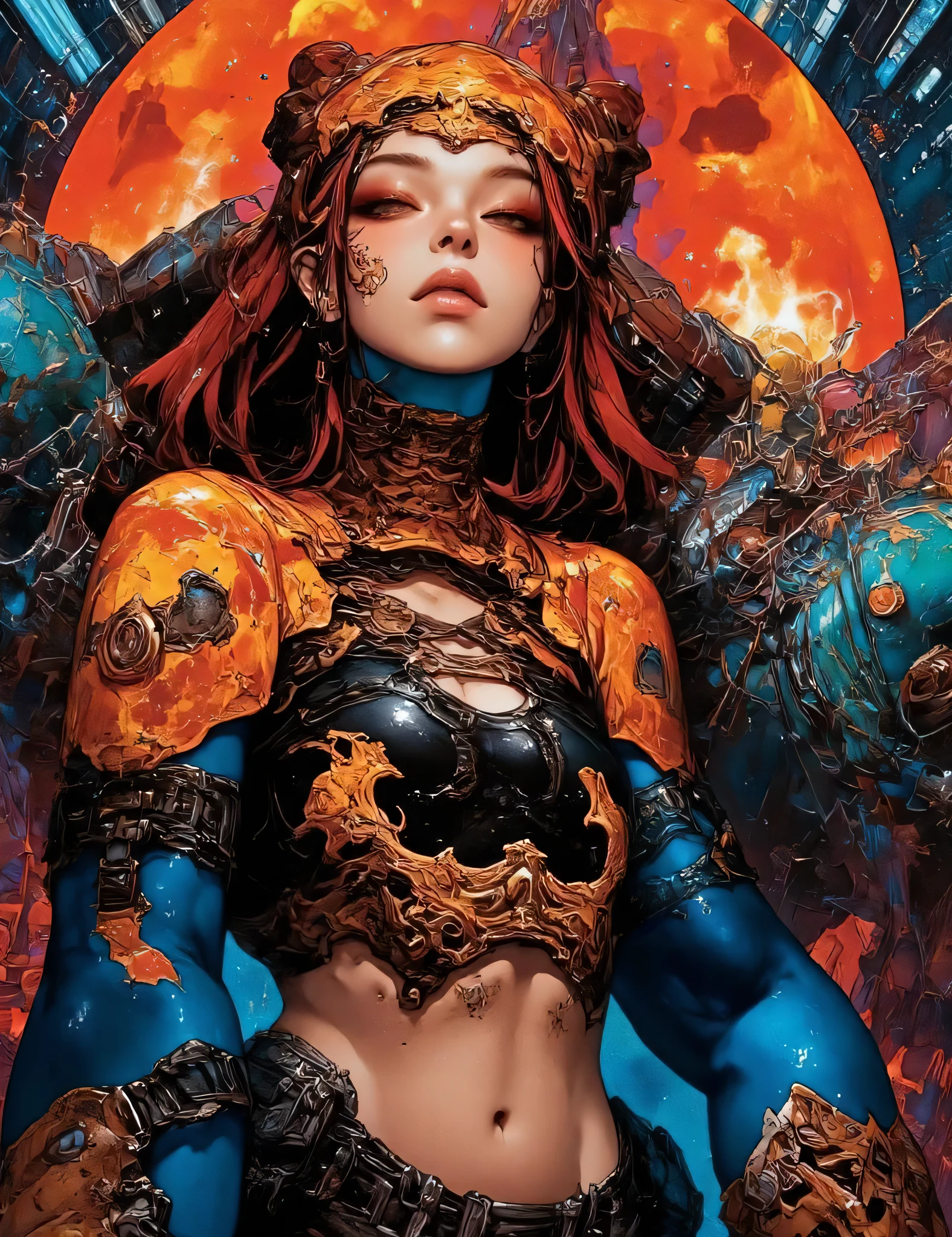Create a dynamic action pose, full body illustration of Christina Hendricks as the Mother Goddess in a cyberpunk city, facing the camera in a heavy metal comic book style inspired by Simon Bisley's painterly, chiaroscuro technique with crosshatching and visible brushmarks. Sharp outlines and details highlighting her curves and realistic skin texture with a soft glow. illustration, Use psychedelic colors to evoke fury and high adventure in her expression, capturing Metal Hurlant's bold, dynamic aesthetic