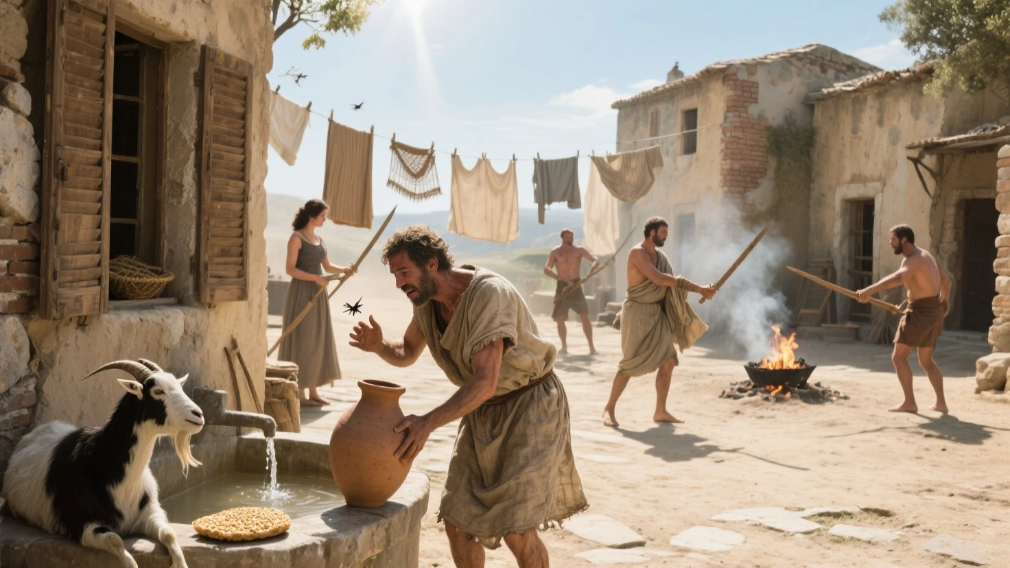 An image of Samson being humiliated by the Philistines, with him in a grain mill, surrounded by laughter and mockery. The atmosphere is dark and oppressive.