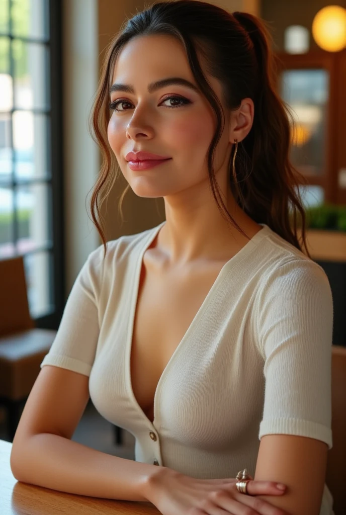 A redhead woman, 20 years old, in a restaurant, sitting in a chair waiting for the waiter, with a ponytail hairstyle and wearing cleavage clothes. (best quality,4k,8k,highres,masterpiece:1.2),ultra-detailed,(realistic,photorealistic,photo-realistic:1.37), vivid colors, bokeh, portraits, vivid red hair, fair skin, bright blue eyes, beautiful detailed lips, elegant posture, stylish and modern restaurant interior, soft natural lighting, silver cutlery on the table, a glass of red wine, a menu card on the table, people in the background enjoying their meals, waiters in formal attire, the woman's table positioned near a window with a view of a cityscape, a hint of sunlight streaming through the window, creating a warm and inviting atmosphere.