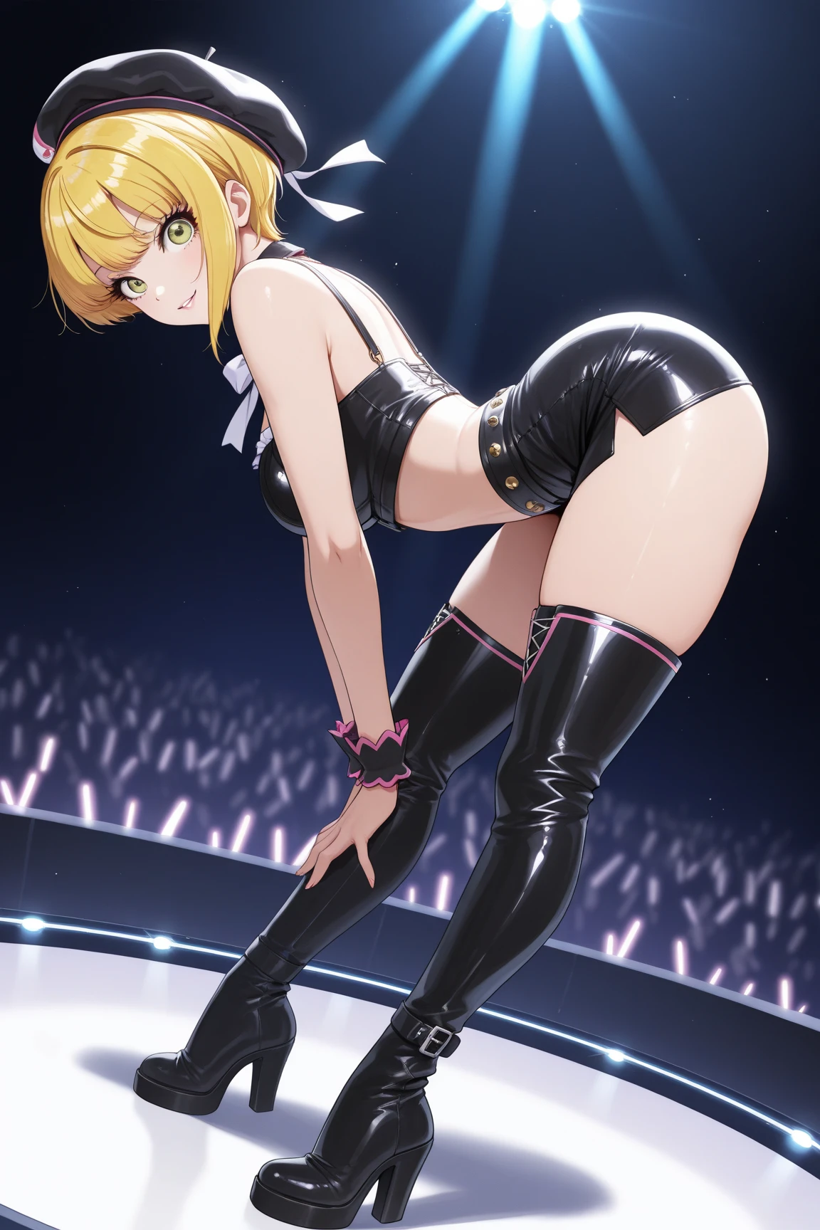 ((Back view:2.0)),(((Inside the cabaret club:2.0))),((On stage:2.0)),(((dance:2.0))),Very fine skin:1.5,((spread legs:1.5)),((Leg spread:2.0)),(latex black bunny girl:2.0),(Full body image),(Huge breasts:2.0),(Saggy Huge Breasts:2.0),((brown eyes:2.0)),beautiful detailed eyes,beautiful, Big eyes, Droopy eyes, ((black leather opera gloves:1.5)),(black leather thigh high boots:1.5),Anime-style image of a woman with rabbit ears and a black bodysuit,The best smile:1.5,((Wide Eyes:1.5)),(strapless:2.0),((Elbow-length black leather gloves:2.0)),Big beautiful eyes:1.5,Cute like an idol, Perfect Skin,((Black Hair:1.5)), ((Highest quality:2.0)),Perfect Anatomy,(((Highest quality:2.0))), 4K, masterpiece, Very detailed, Studio Lighting,Boob proportions, Fascinating anime, , Very detailed full body, Anime very detailed, Perfect body with realistic shading, have large breasts, Photorealistic perfect body, Smooth anime CG art