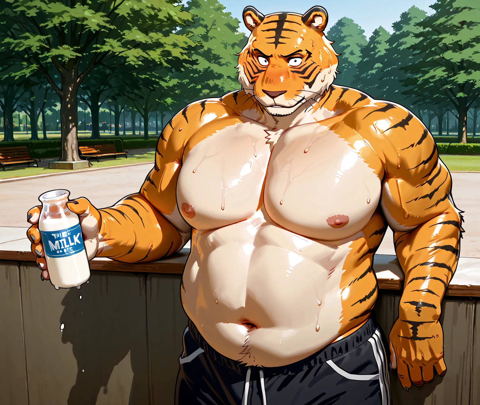 Bill (beastars), (gay man), (bara), (brutal male), ((harsh drawing style)), masterpiece, best quality, amazing quality, correct wide body anatomy, (correct and detailed eyes), absurdres, intricate details, high resolution, hyper-detailed, 1male, ((solo)), male,
((tiger)), orange fur, white underbelly, short white hair, short black beard, (((brutal adult huge tiger male))), whiskers, ((massive size difference)), ((10 feet tall)), small normal flat navel,
cowboy shot, topless, looks at the viewer, shocked face, he is confused, park, black shorts, standing, holding milk bottle and drinking, park, sweat, smelly body, leaning back,