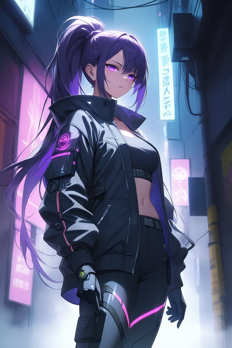 A close-up shot of a Cyberpunk anime girl with long, flowing black hair, framed by the neon-lit cityscape. She wears a ?????- length leather jacket, accentuating her toned physique, and a provocative outfit that leaves little to the imagination. The camera captures her confident pose, gazing directly into the lens with a sly smile. The lighting is dimly lit, with flashes of blue and purple hues from the city's towering skyscrapers. The subject stands amidst a backdrop of futuristic architecture, blending seamlessly with the cyberpunk environment.