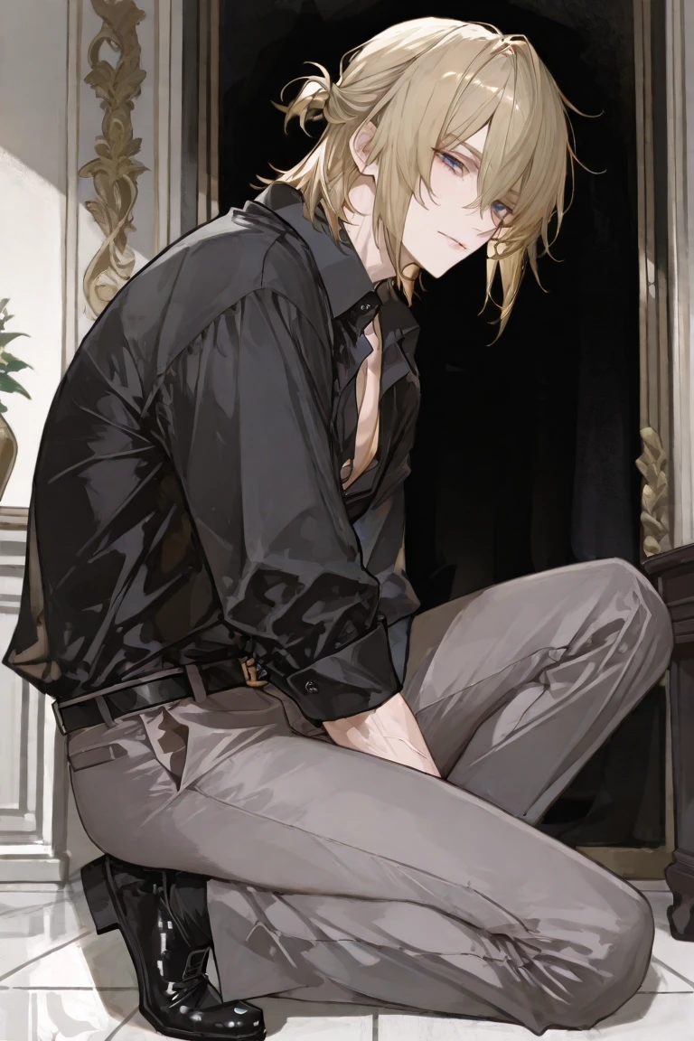 One person, Tall, tan, male, lean and fit, blonde gold curly hair, deep brown eyes, wearing black velvet long sleeve turtleneck, black pants, white high tops, handsome as hell.
